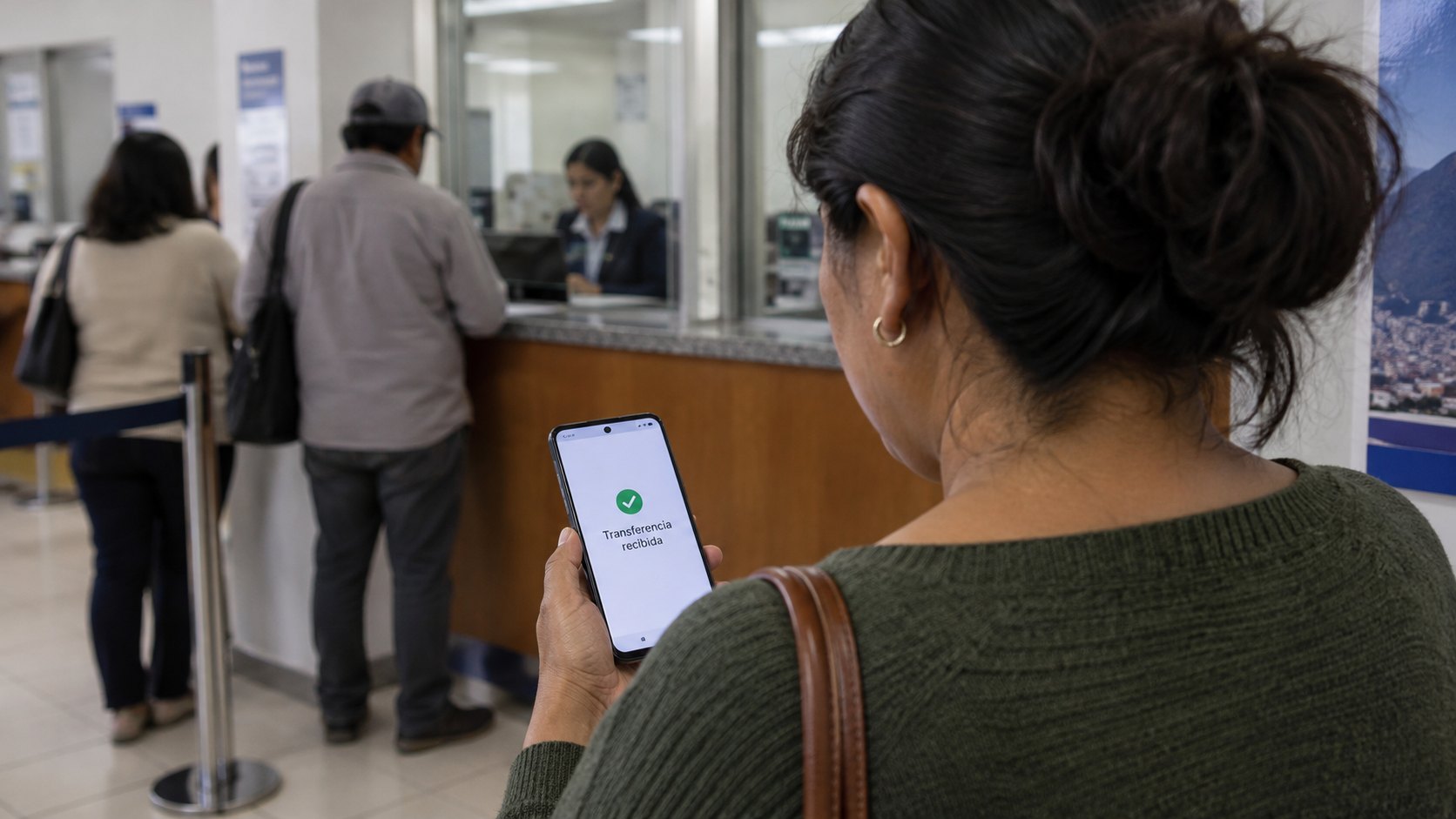 Ilustración editorial generada con IA: una mujer de espaldas, en la fila de una sucursal bancaria, mira en su celular la notificación de una transferencia recibida; composición conceptual, no es una fotografía real.