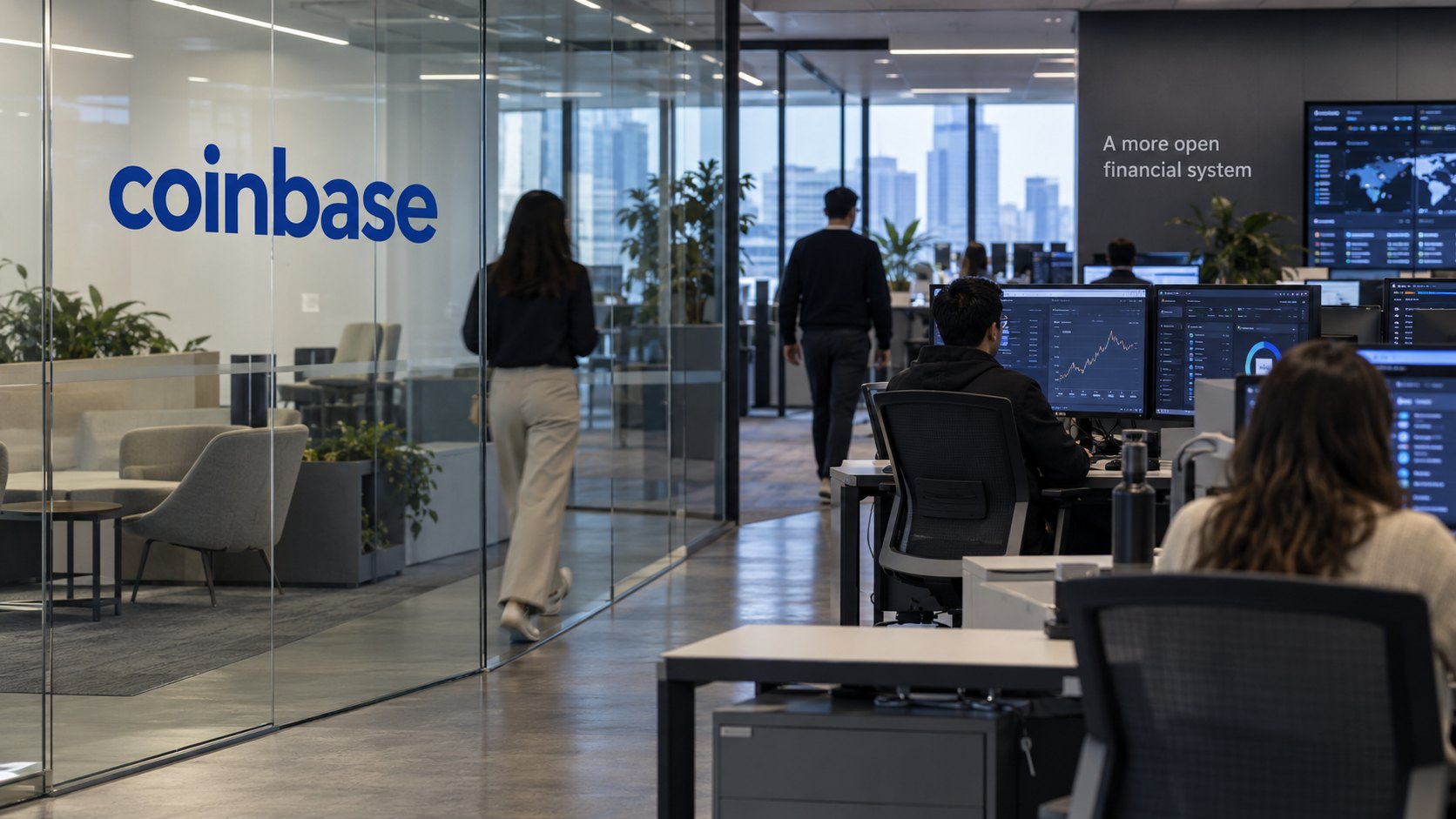 Ilustración editorial generada con IA: una oficina con el logo de Coinbase en una pared de vidrio y empleados frente a monitores con paneles de operaciones; composición conceptual, no es una fotografía de las instalaciones de la empresa.