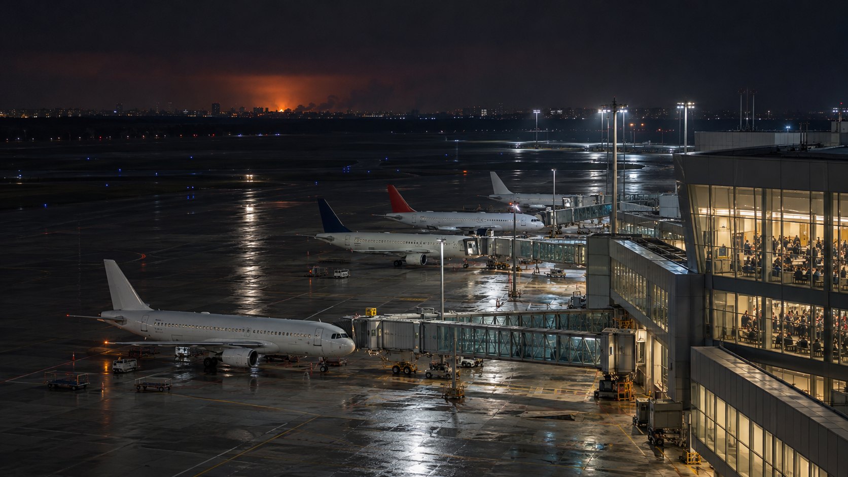 Ilustración editorial generada con IA: el aeropuerto Pulkovo de San Petersburgo de noche con aviones de pasajeros detenidos junto a las mangas, la plataforma vacía y pasajeros esperando detrás de los ventanales de la terminal, con el resplandor de un incendio en el horizonte; composición conceptual, no es una fotografía del aeropuerto durante el ataque.