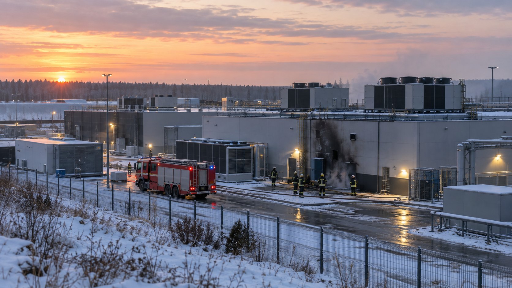 Ilustración editorial generada con IA: un camión de bomberos rojo y bomberos junto a una nave de un centro de datos con equipos de refrigeración en el techo y humo tenue, en las afueras de una ciudad rusa al amanecer; composición conceptual, no es una fotografía del centro de datos de VK.