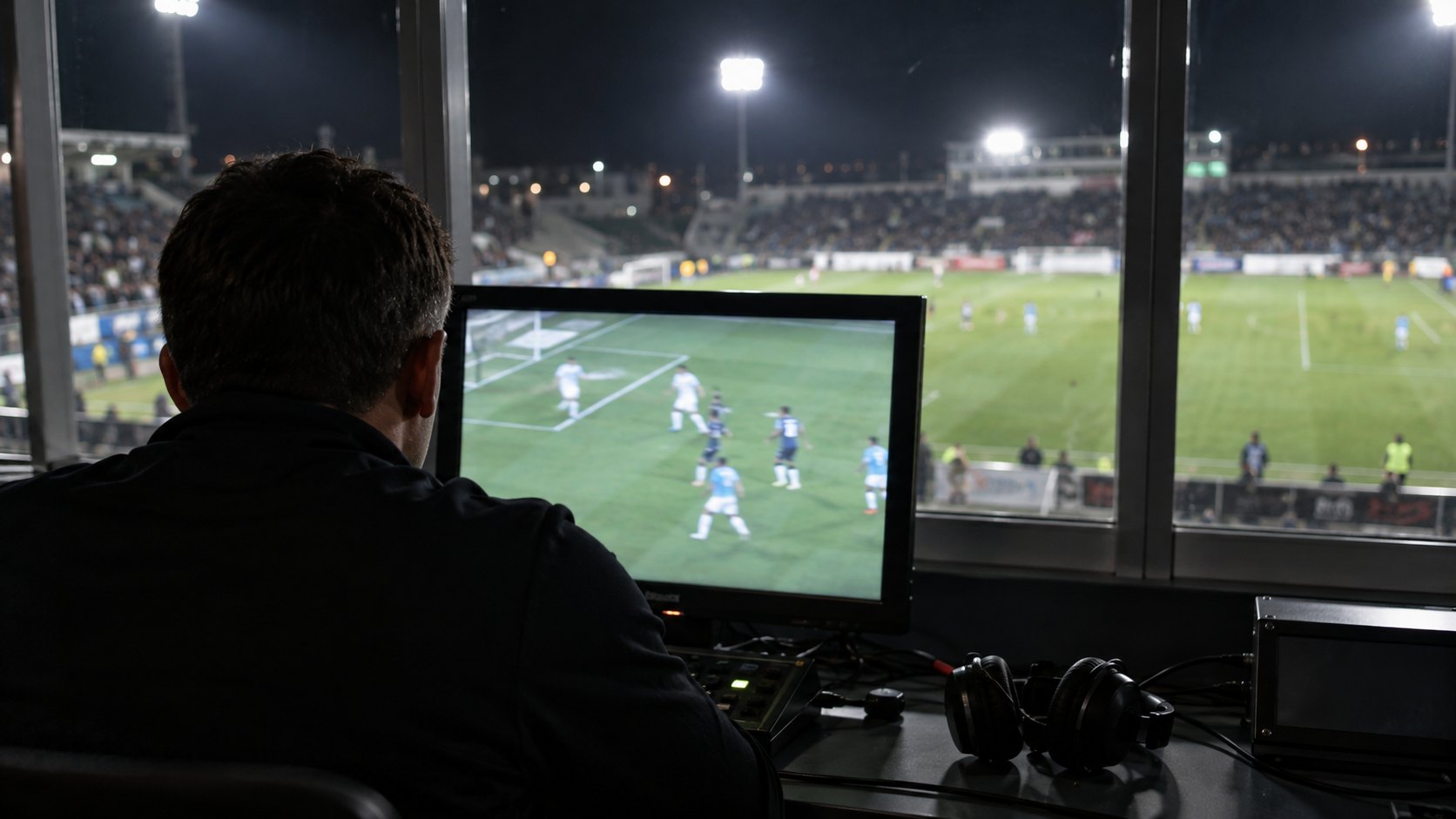 Ilustración editorial generada con IA: un asistente de video, de espaldas, revisa en un monitor la repetición de una jugada en el área desde una cabina con vista al estadio iluminado; no es una fotografía del partido ni del VAR real.