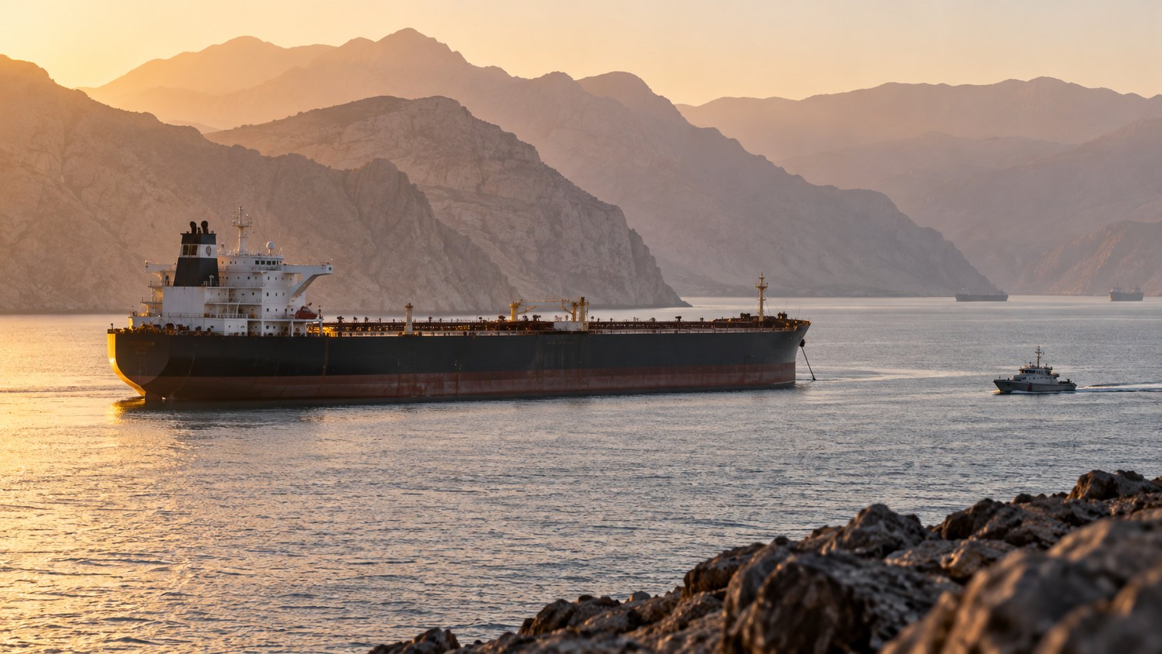 Ilustración editorial generada con IA: un gran petrolero fondeado frente a las montañas áridas de la península de Musandam, en Omán, sobre el estrecho de Ormuz, al amanecer, con una lancha patrullera a lo lejos; composición conceptual, no es una fotografía de un buque identificado.