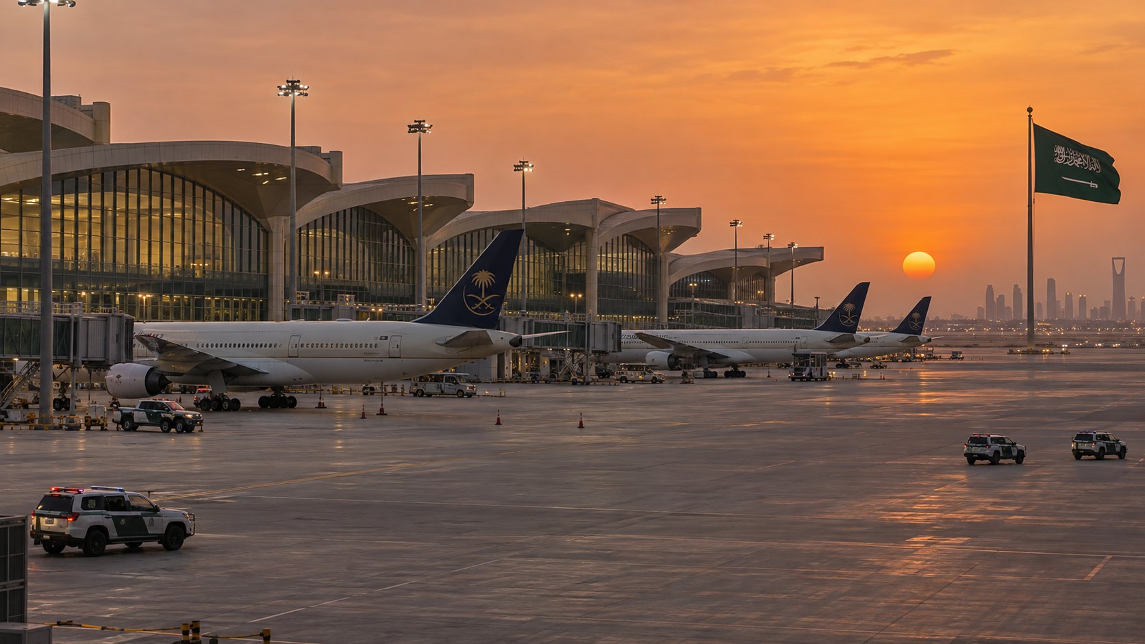 Ilustración editorial generada con IA: la terminal del aeropuerto internacional Rey Jalid de Riad, vacía y con aviones estacionados en la plataforma bajo un cielo de atardecer; composición conceptual, no es una fotografía del aeropuerto cerrado.