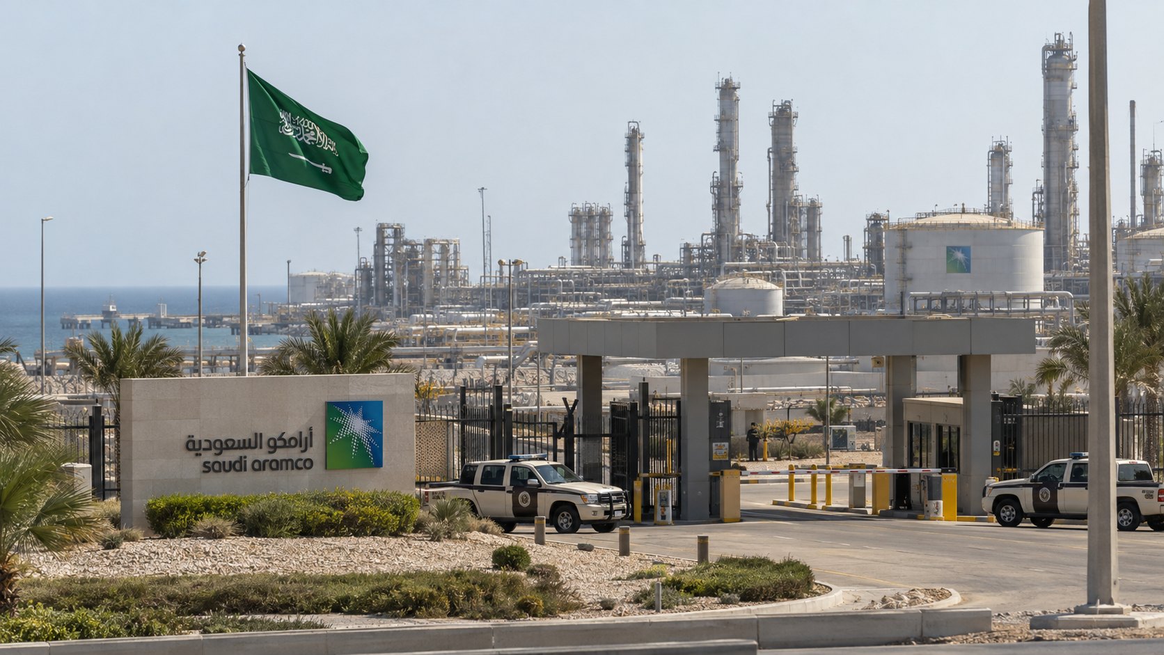 Ilustración editorial generada con IA: una refinería de Saudi Aramco sobre la costa del mar Rojo con vehículos de seguridad saudita en el acceso; composición conceptual, no es una fotografía de la refinería de Rabigh ni de un ataque.
