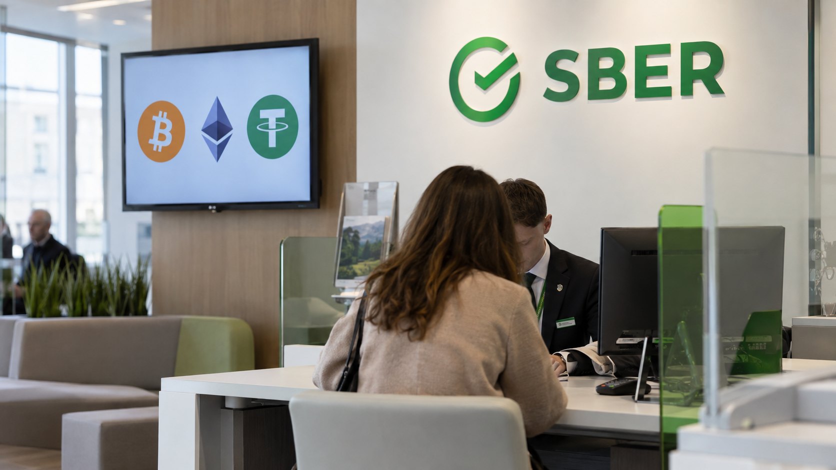 Ilustración editorial generada con IA: el interior de una sucursal de Sberbank en Moscú con el logo verde de Sber en la pared, una clienta de espaldas conversando con un asesor y una pantalla con los símbolos de bitcoin, ether y tether; composición conceptual, no es una fotografía de una sucursal real.