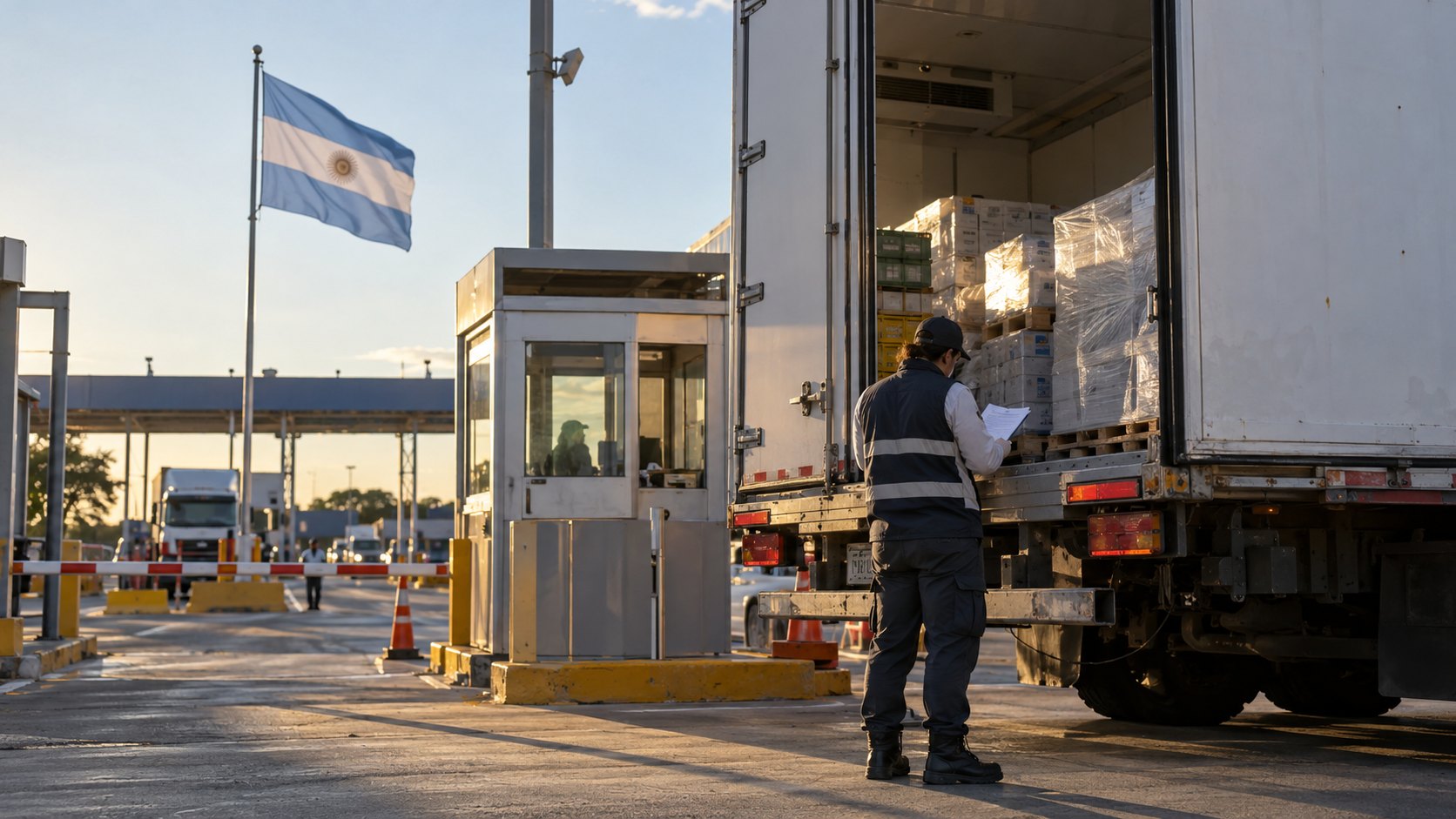 Ilustración editorial generada con IA: un inspector sanitario con chaleco reflectante revisa documentación junto a la caja abierta de un camión frigorífico en un puesto de control fronterizo, con la garita, barreras y una bandera argentina al atardecer; composición conceptual, no es una fotografía de un paso o un control real.