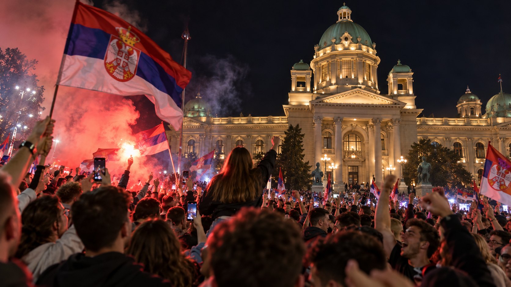 Ilustración editorial generada con IA: de noche, una multitud de jóvenes con banderas de Serbia y bengalas celebra frente a la Asamblea Nacional en Belgrado; composición conceptual, no es una fotografía de festejos reales.