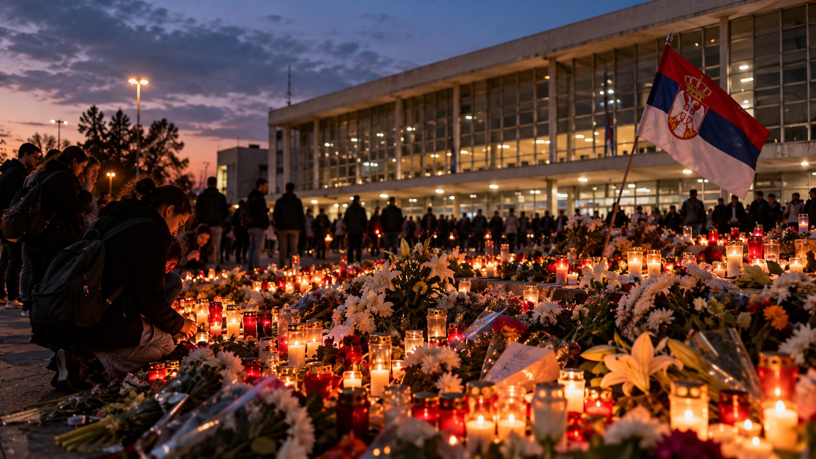 Ilustración editorial generada con IA: velas encendidas y flores frente a la estación de tren de Novi Sad, donde el derrumbe de la marquesina en 2024 mató a 16 personas y dio origen a las protestas estudiantiles; composición conceptual, no es una fotografía de un homenaje identificado.