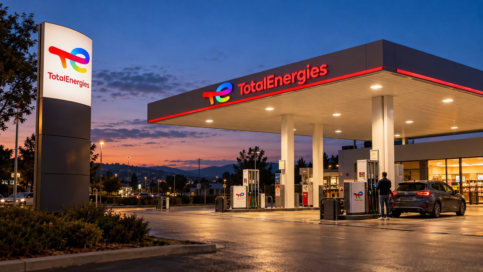 Ilustración editorial generada con IA: una estación de servicio de TotalEnergies al anochecer, con el logo de la marca en el tótem y la marquesina, surtidores iluminados y un conductor cargando combustible; composición conceptual, no es una fotografía de una estación identificada.