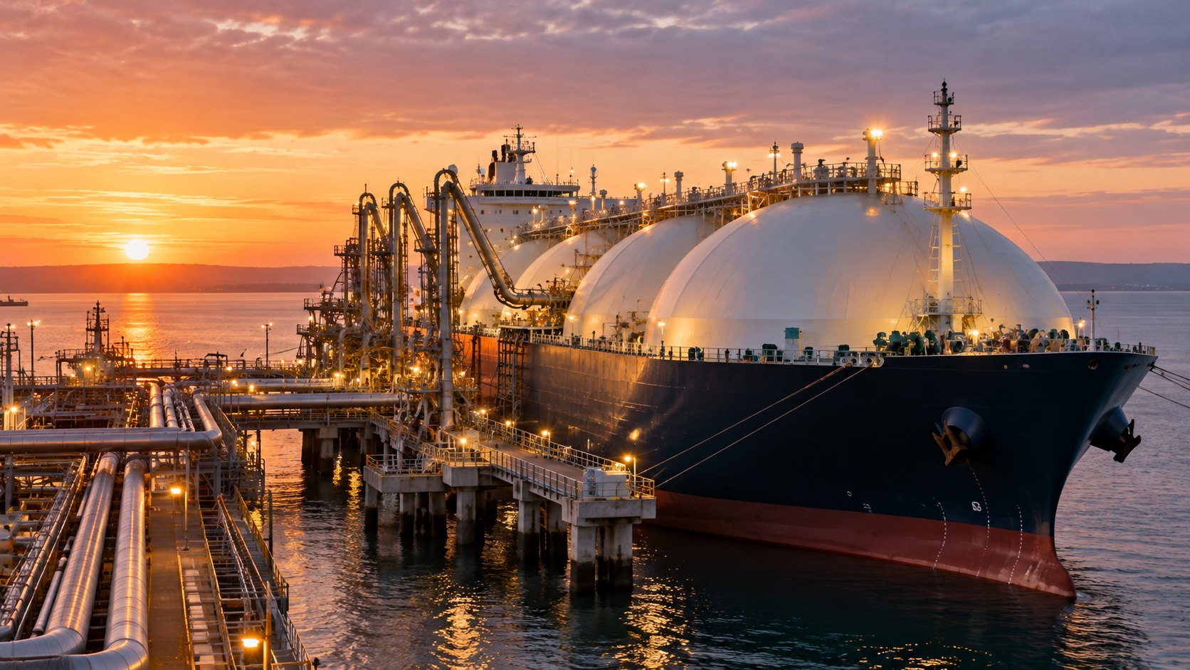 Ilustración editorial generada con IA: un buque metanero con tanques esféricos amarrado en una terminal de gas natural licuado al amanecer, con los brazos de carga conectados; composición conceptual, no es una fotografía de un buque ni de una terminal identificados.