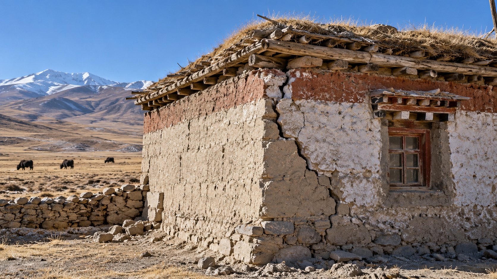 Ilustración editorial generada con IA: una casa rural tibetana de adobe y ladrillo asentado con barro, con techo de madera y pasto seco y una grieta diagonal en el muro, en la meseta de gran altura con yaks y montañas nevadas al fondo; composición conceptual, no es una fotografía de una vivienda dañada por el terremoto.