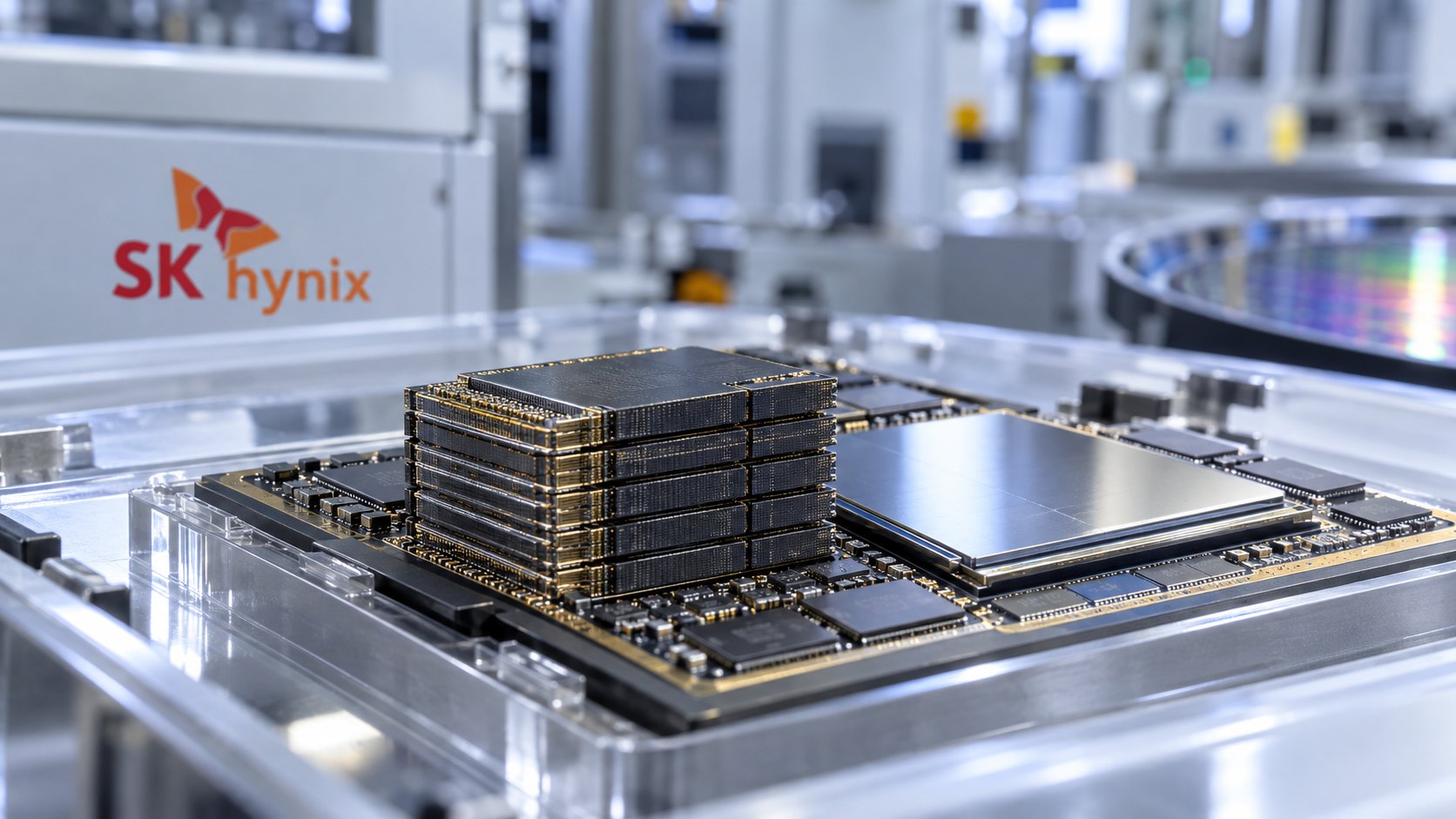 Ilustración editorial generada con IA: una pila de memoria HBM junto a un procesador sobre un sustrato, en una mesa de inspección de sala limpia con el logo de SK hynix al fondo; composición representativa, no es una fotografía de un producto real de la empresa.