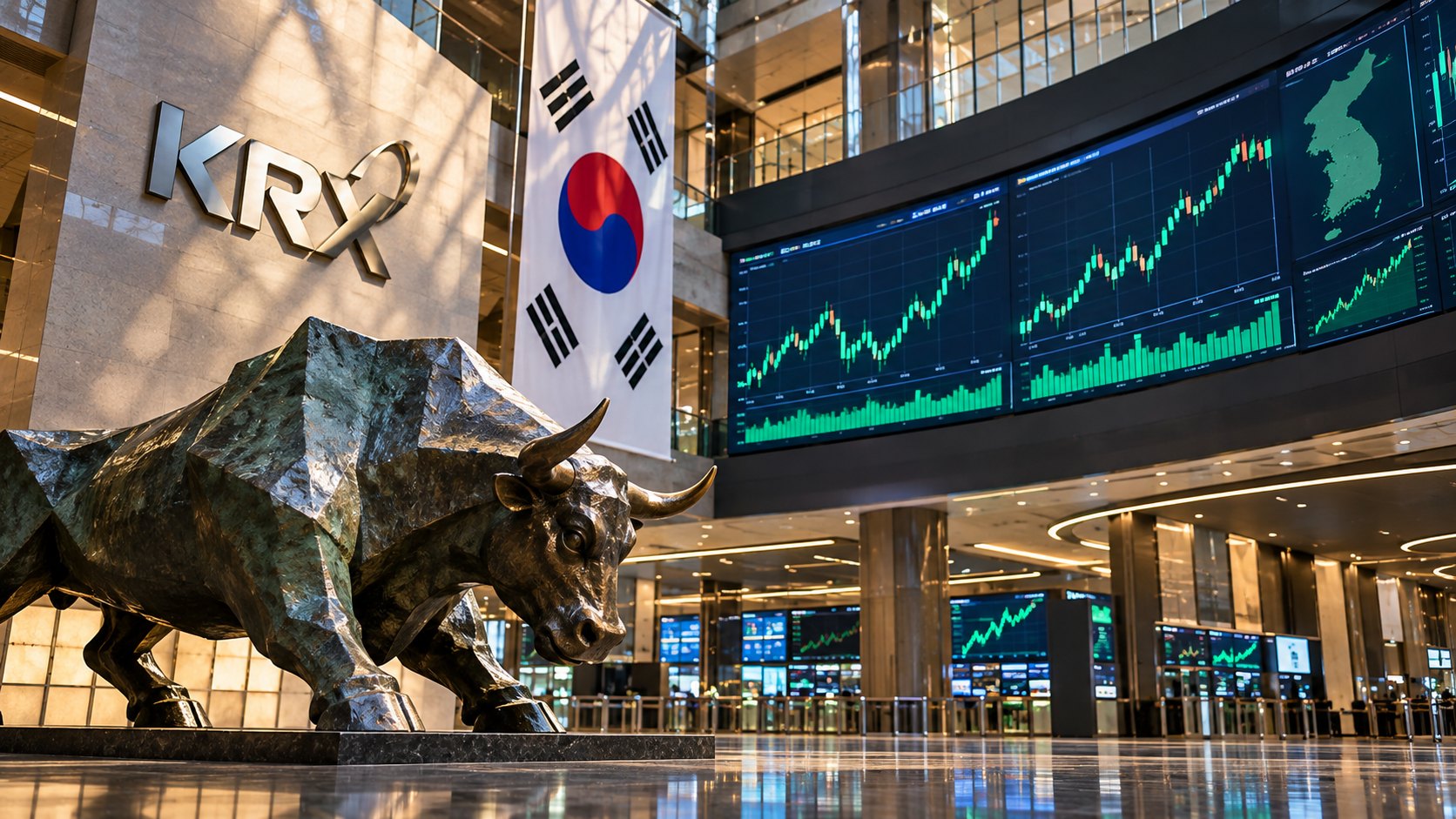 Ilustración editorial generada con IA: el vestíbulo de la Bolsa de Corea (KRX) en Seúl, con una escultura de un toro, una bandera de Corea del Sur y pantallas con gráficos en alza; composición conceptual, no es una fotografía de la rueda del 28 de octubre.