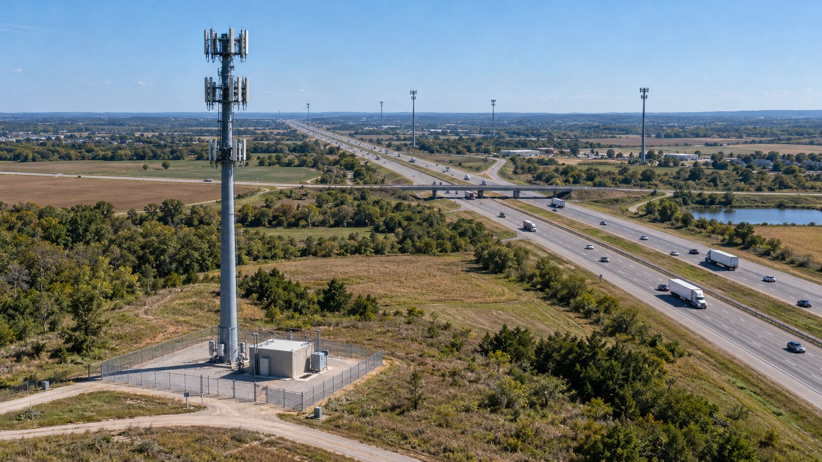 Ilustración editorial generada con IA: vista aérea de una autopista estadounidense con varias torres celulares a lo largo del paisaje y, en primer plano, una torre monopolo con su caseta de equipos dentro de un predio cercado; composición conceptual, no es una fotografía de un lugar real.