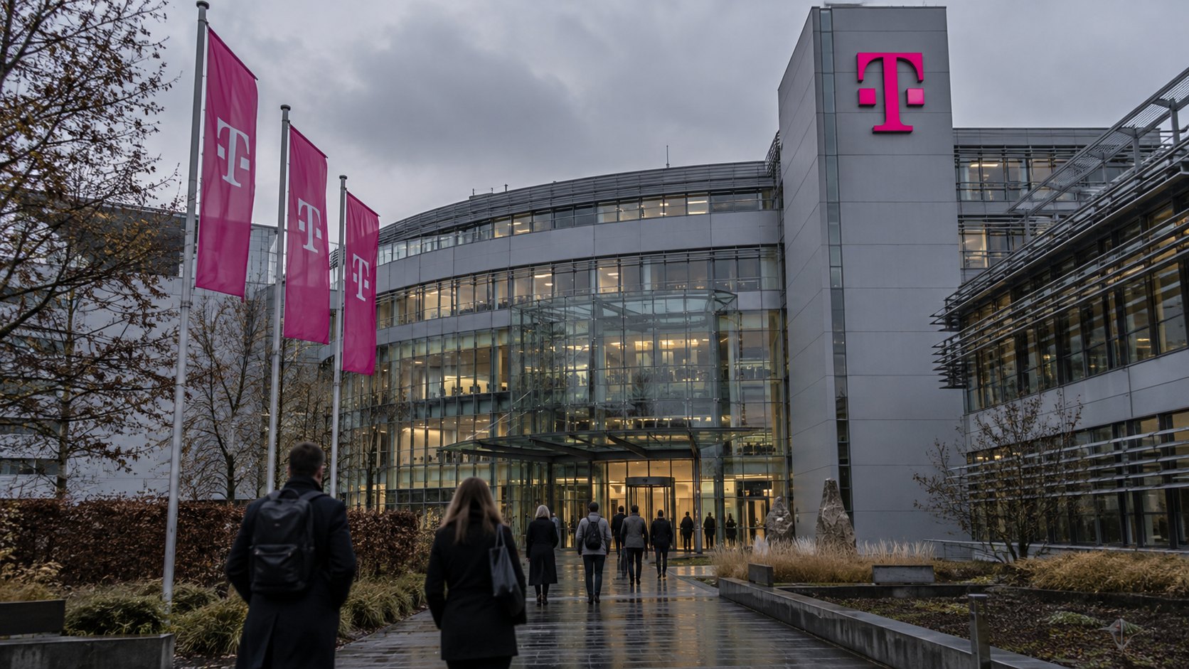 Ilustración editorial generada con IA: la sede de Deutsche Telekom con la «T» magenta en la fachada y banderas de la marca, con empleados de espaldas caminando hacia la entrada en una mañana nublada; composición conceptual, no es una fotografía de la sede ni del día del anuncio.