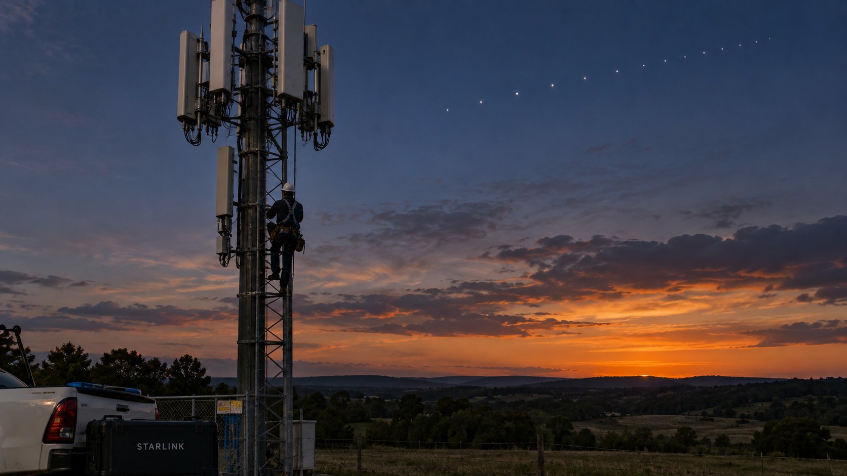 Ilustración editorial generada con IA: un técnico con arnés sube a una torre de telefonía celular en una zona rural al anochecer, mientras una fila de satélites cruza el cielo; composición conceptual, no es una fotografía de una torre ni de satélites reales.