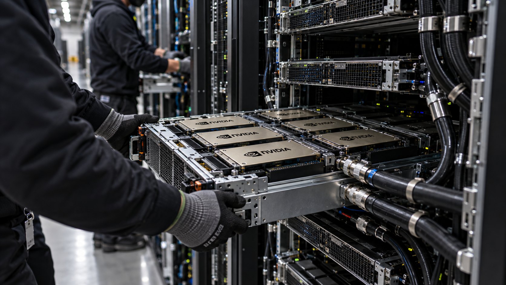 Ilustración editorial generada con IA: técnicos con guantes deslizan una bandeja de servidor con módulos de GPU de Nvidia dentro de un rack refrigerado por líquido; composición conceptual, no es una fotografía de Colossus.