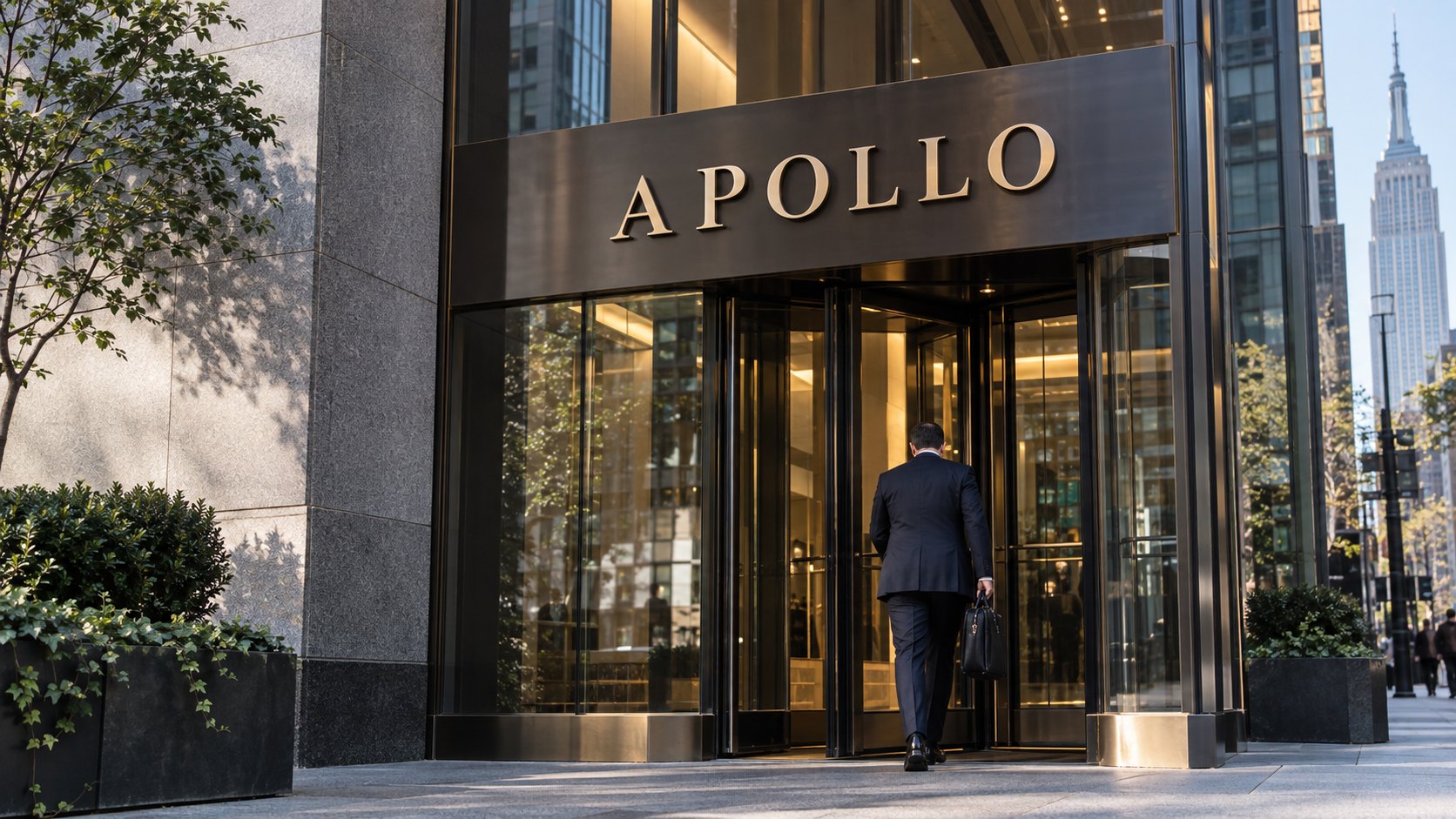 Ilustración editorial generada con IA: un ejecutivo de espaldas entra a un edificio de oficinas de Manhattan con el nombre Apollo sobre la puerta giratoria; composición conceptual, no es una fotografía de la sede real de Apollo Global Management.