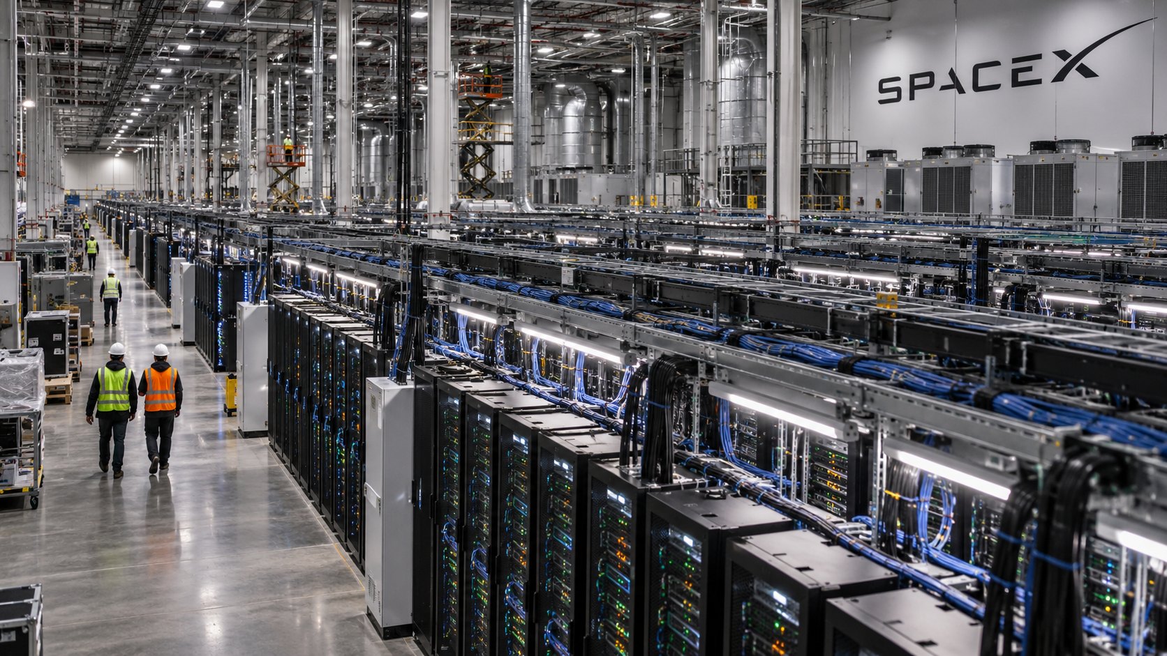 Ilustración editorial generada con IA: el interior de un enorme centro de datos con largas filas de racks de servidores y cableado, dos técnicos con casco de espaldas en el pasillo y la marca SpaceX en una pared; composición conceptual, no es una fotografía de Colossus II ni de una instalación real.