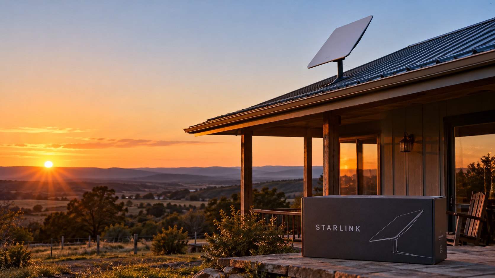 Ilustración editorial generada con IA: una antena Starlink blanca instalada en el techo de chapa de una casa de campo al atardecer, con la caja del kit con la marca Starlink en la galería; composición conceptual, no es una fotografía de una instalación real.