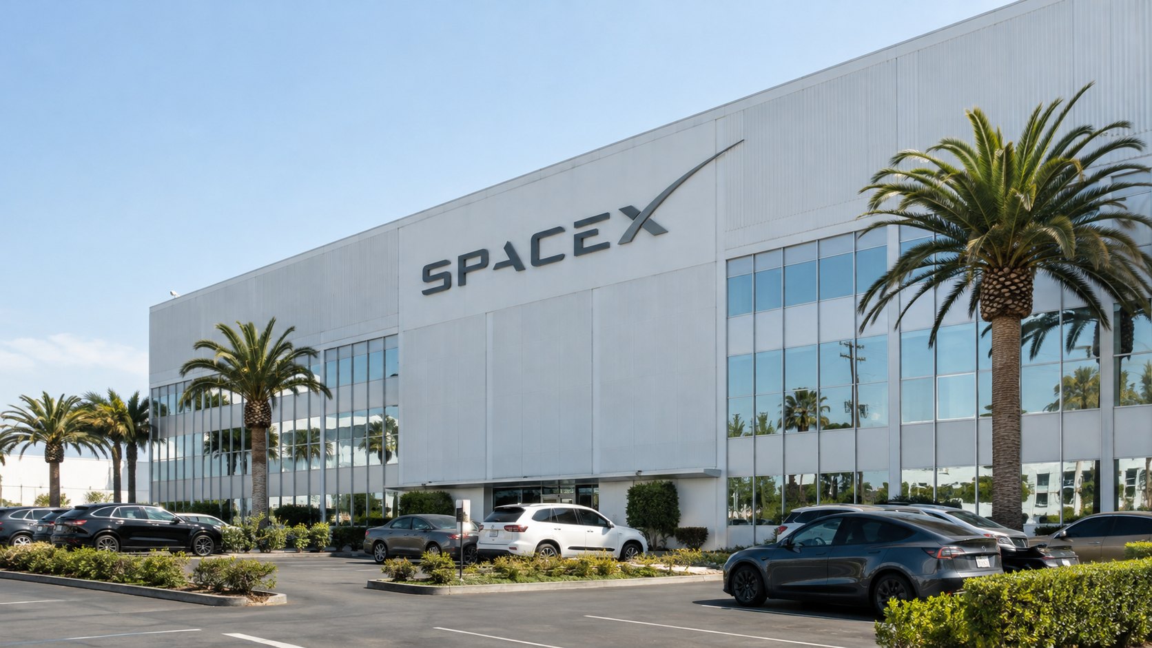 Ilustración editorial generada con IA: la fachada blanca de un edificio de SpaceX con el logotipo de la empresa, palmeras y autos estacionados bajo un cielo despejado; composición conceptual, no es una fotografía del día.