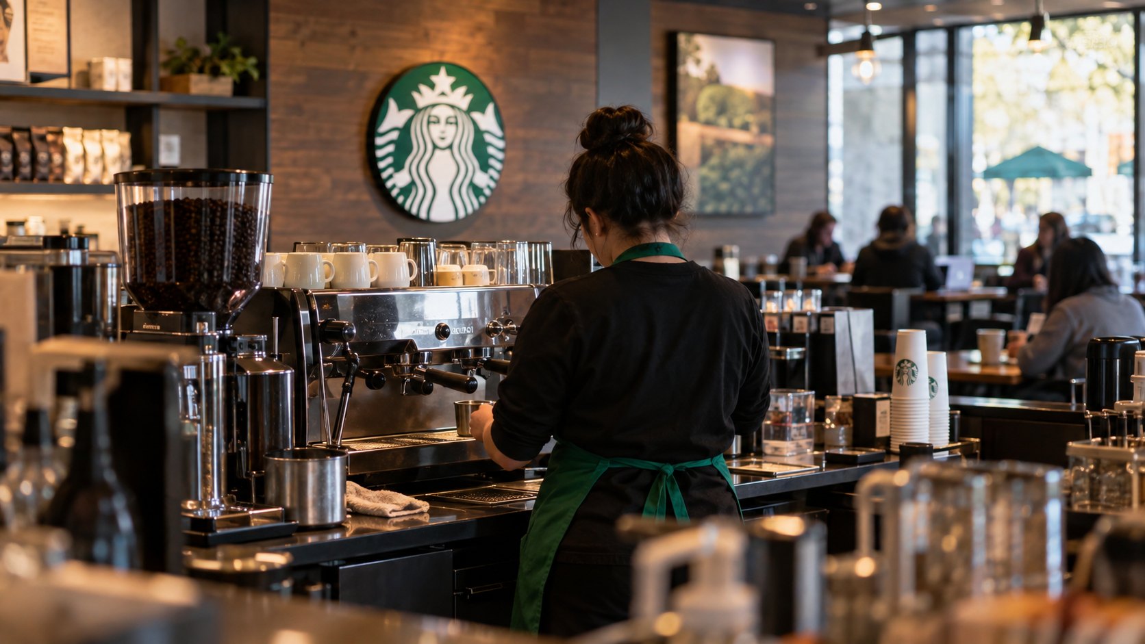 Ilustración editorial generada con IA: el interior de un local de Starbucks con su logo de la sirena y un barista de espaldas; composición conceptual, no es una fotografía de un local real ni del día.