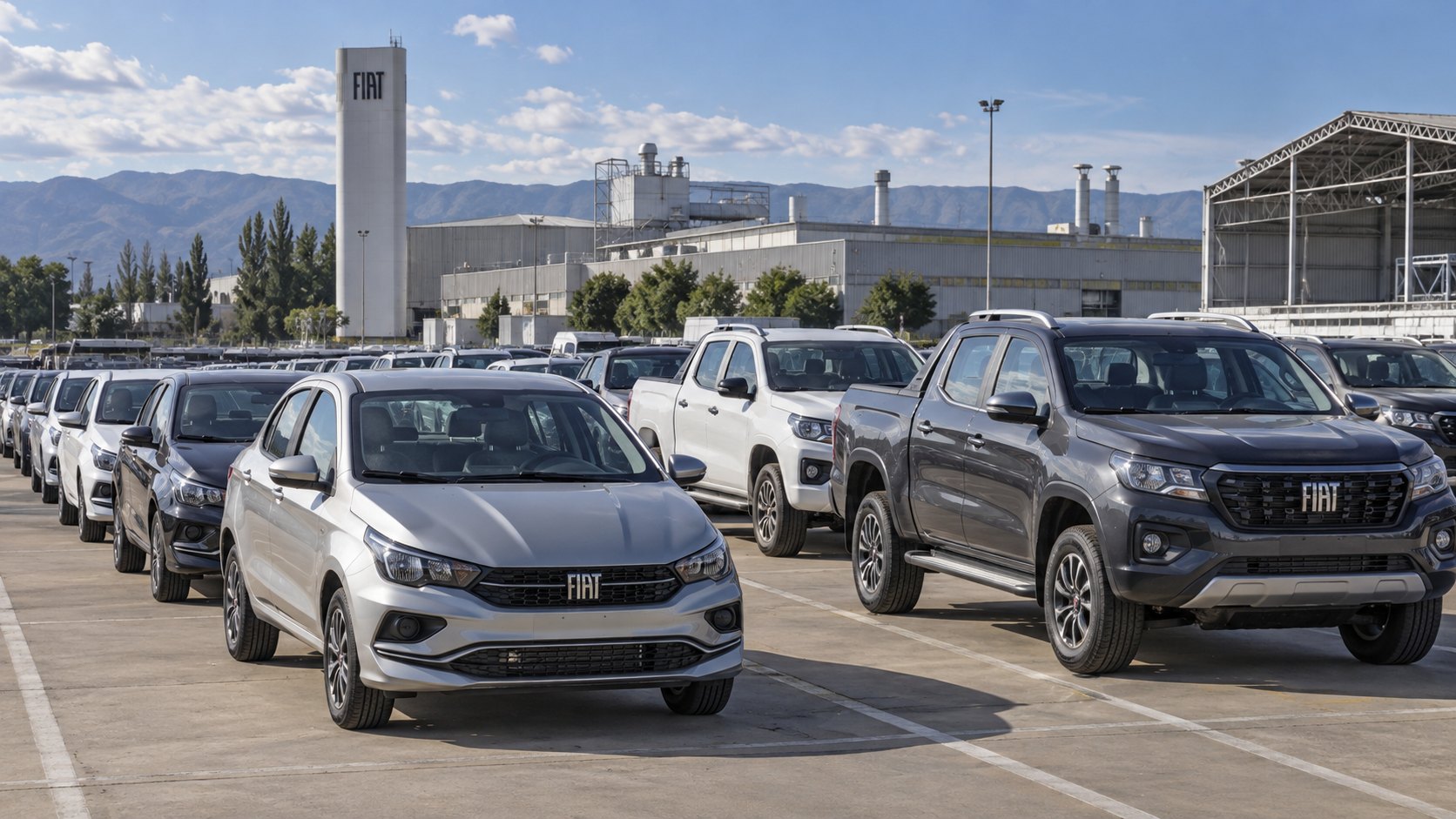 Ilustración editorial generada con IA: sedanes Fiat Cronos y pickups Fiat Titano recién fabricados en filas sobre el playón de una planta en Córdoba, con una torre con el nombre Fiat y naves industriales al fondo; composición conceptual, no es una fotografía de la planta de Ferreyra.