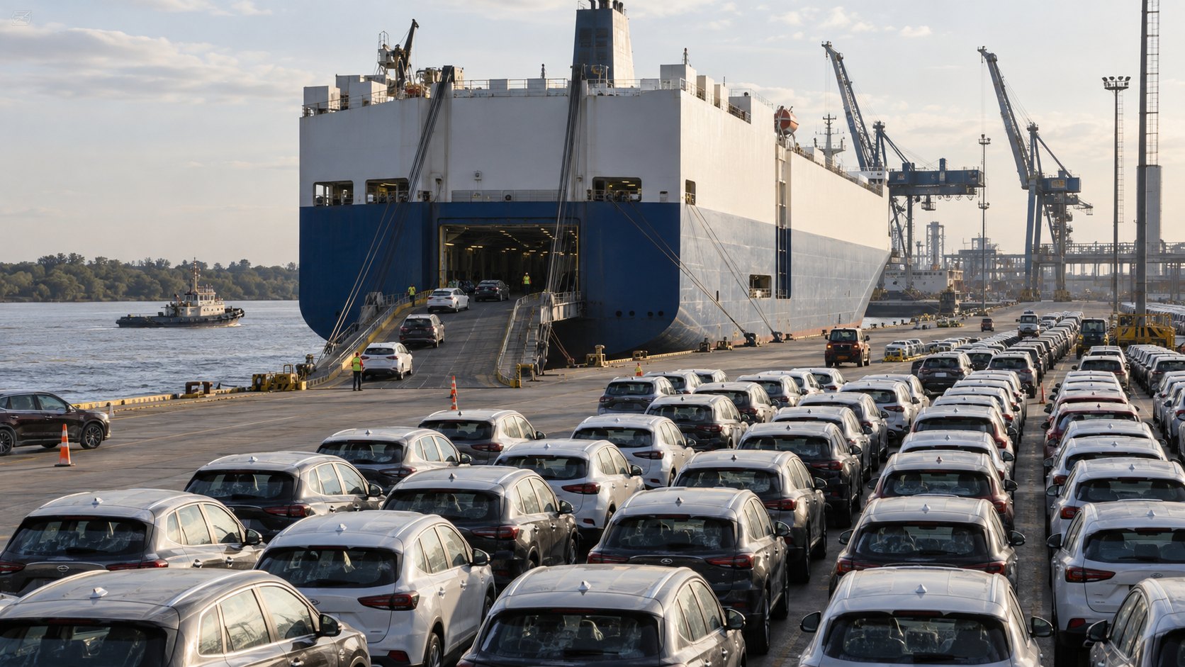 Ilustración editorial generada con IA: un buque portavehículos descarga autos nuevos importados en una terminal portuaria sobre el río Paraná, con cientos de vehículos en filas y grúas al fondo; composición conceptual, no es una fotografía del puerto de Zárate ni de un embarque real.