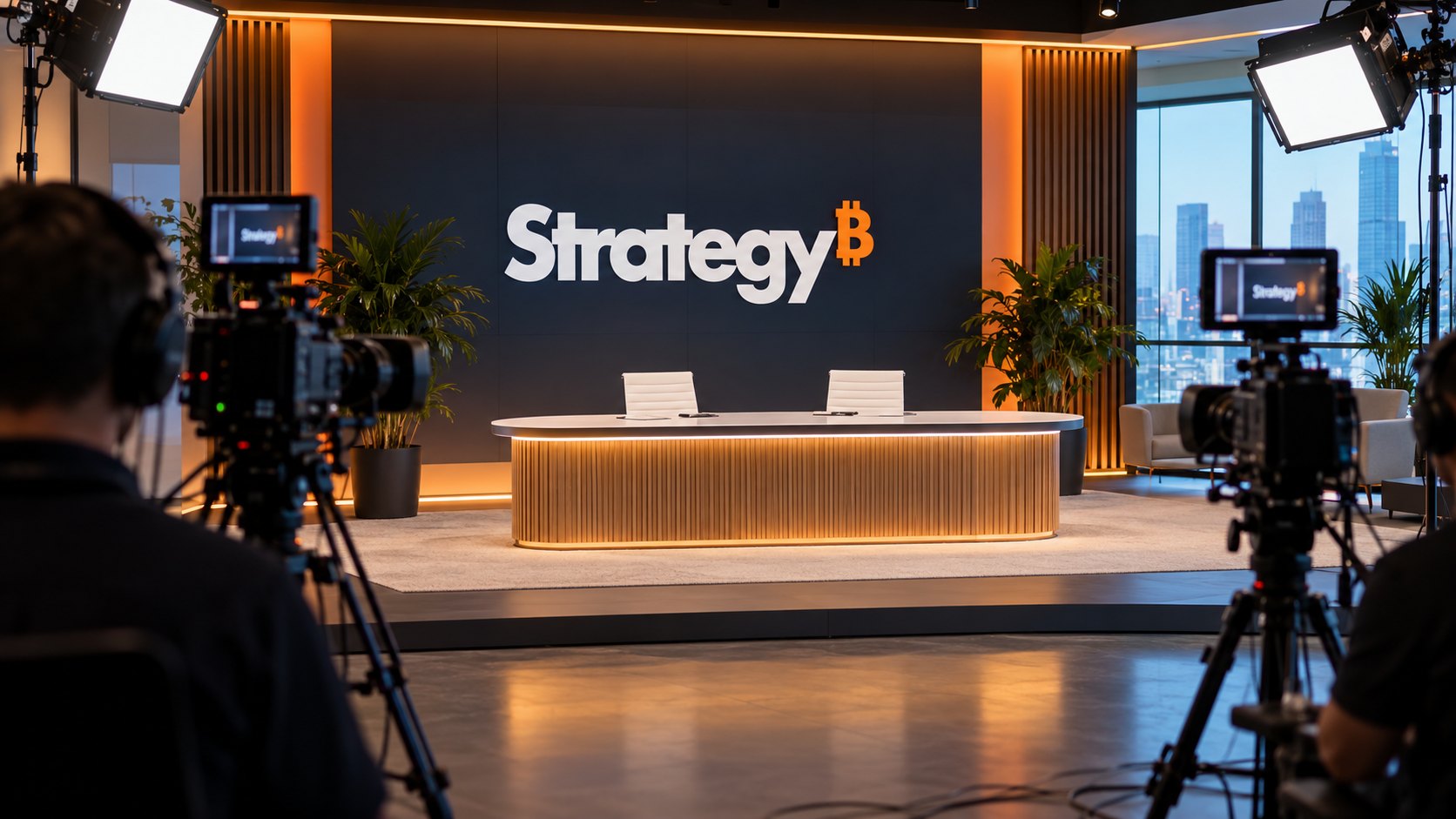 Ilustración editorial generada con IA: un estudio de transmisión corporativo con cámaras, luces y un fondo con el logo de Strategy, preparado para una presentación de resultados, sin personas identificables; composición conceptual, no es una fotografía del evento real.