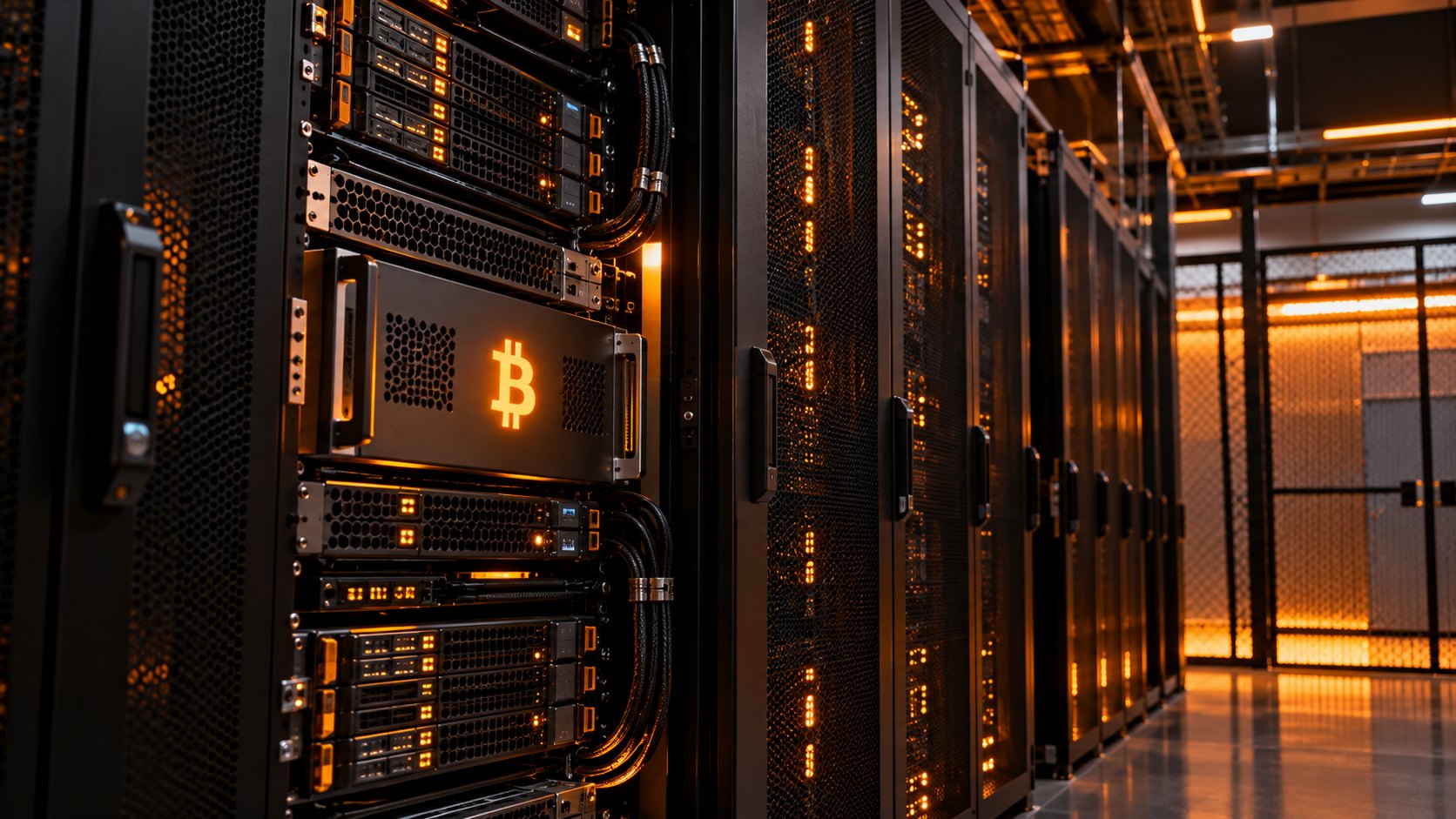Ilustración editorial generada con IA: una sala de servidores segura con racks cerrados, módulos de hardware de custodia y una luz naranja tenue con el símbolo de bitcoin en un panel, sin personas; composición conceptual, no es una fotografía de instalaciones reales de Strategy.