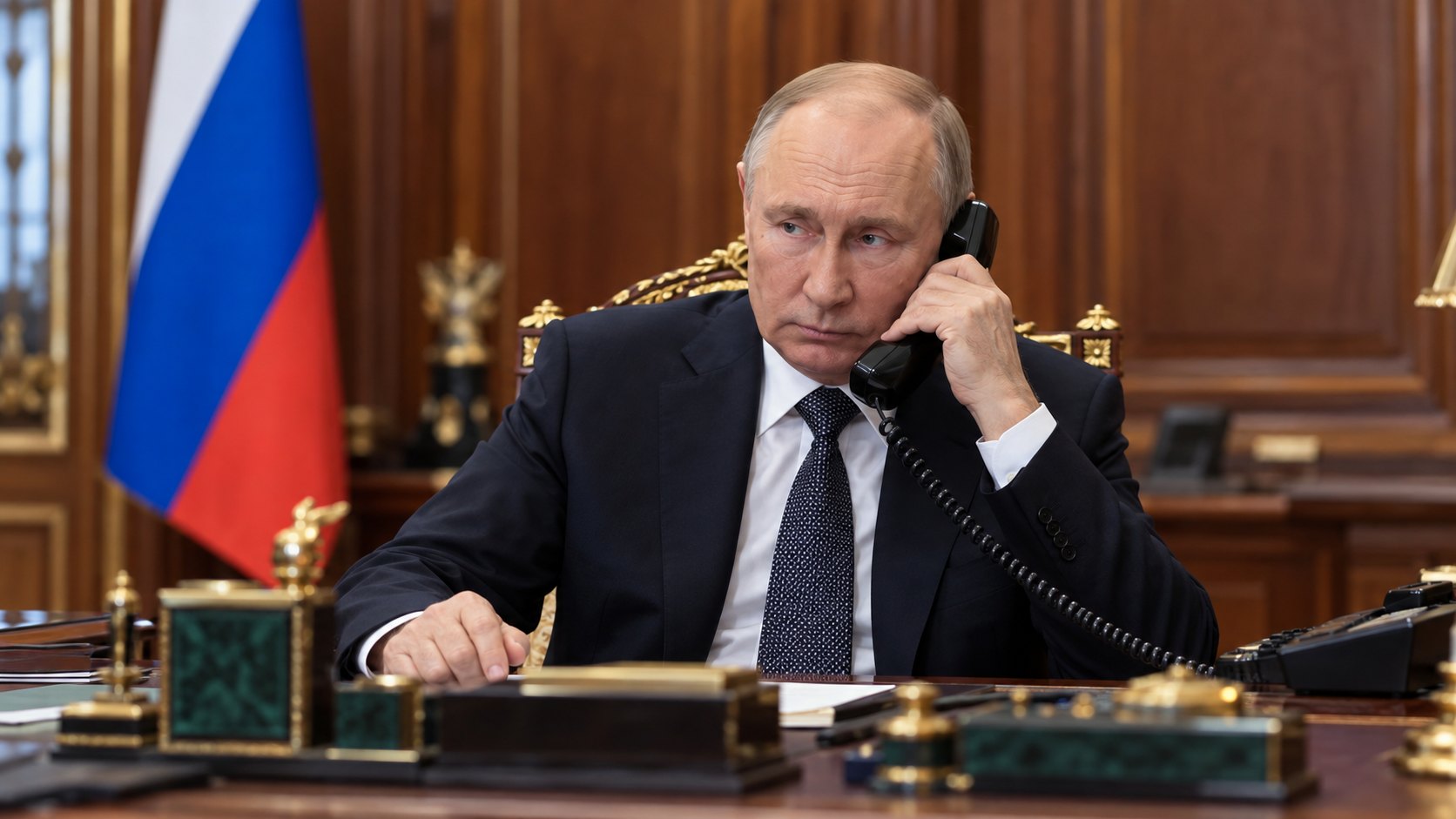 Ilustración editorial generada con IA: Vladimir Putin habla por un teléfono de escritorio en un despacho del Kremlin con paneles de madera y la bandera de Rusia detrás; composición conceptual, no es una fotografía de la llamada.