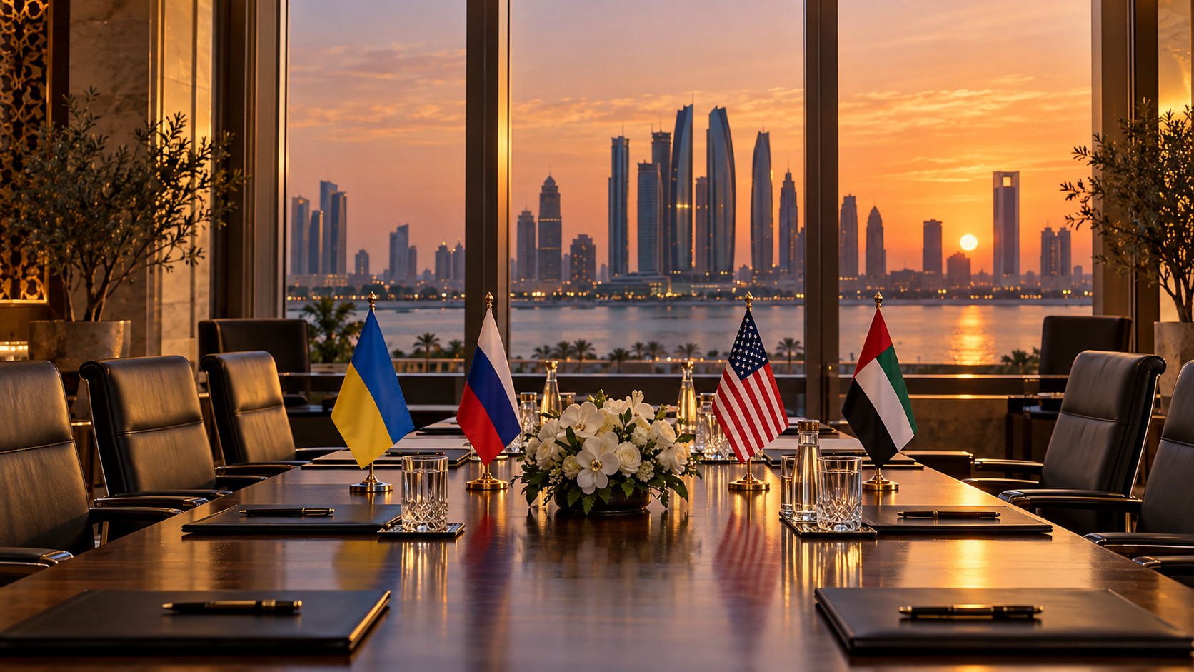 Ilustración editorial generada con IA: una mesa de negociación vacía con pequeñas banderas de Ucrania, Rusia, Estados Unidos y Emiratos Árabes Unidos, frente a ventanales con el skyline de Abu Dabi al atardecer; composición conceptual, no es una fotografía de una reunión real.