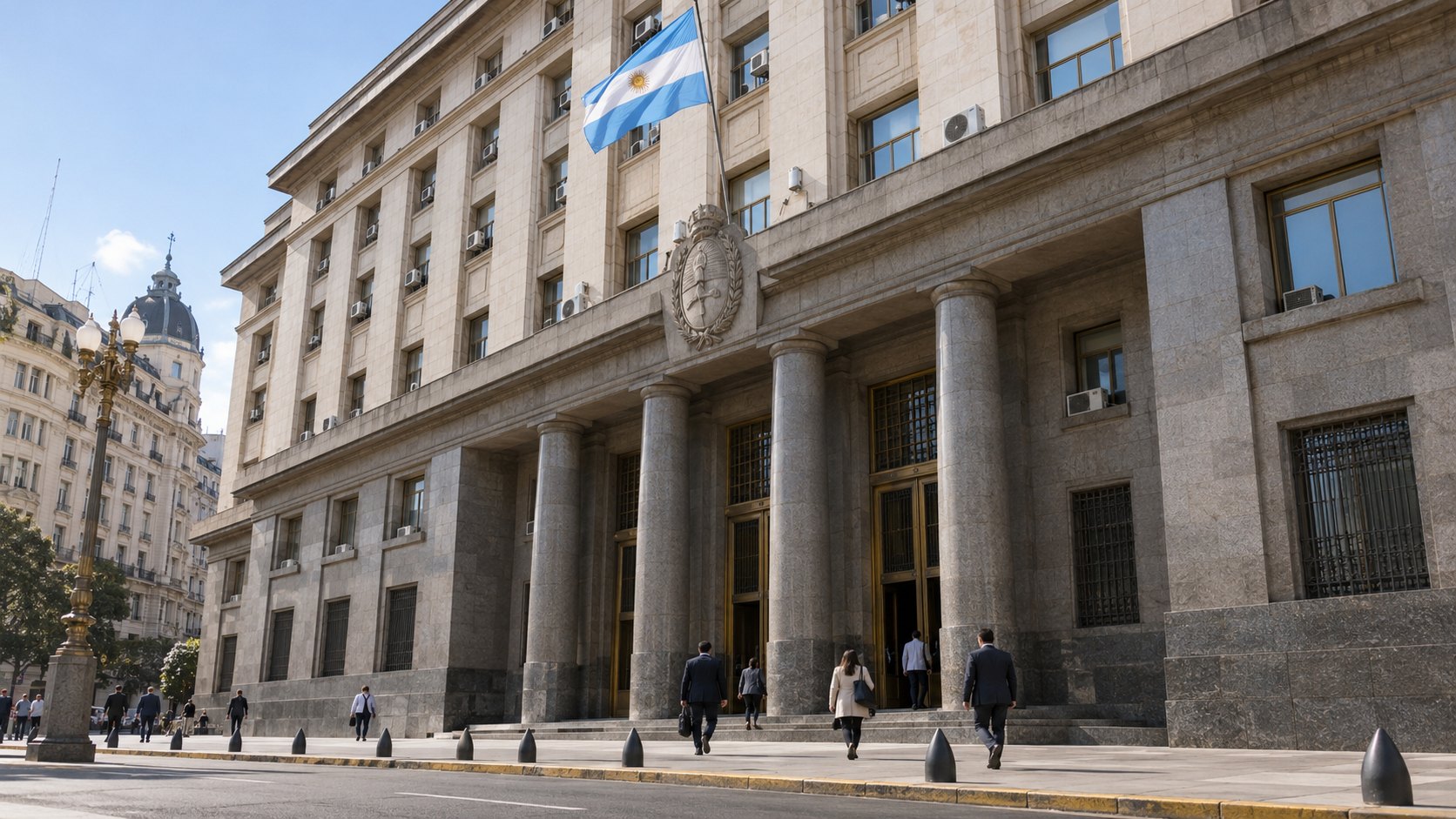 Ilustración editorial generada con IA: la fachada de piedra con columnas del Palacio de Hacienda, sede del Ministerio de Economía en Buenos Aires, de día, con una bandera argentina y empleados que entran de espaldas; composición conceptual, no es una fotografía de una jornada determinada.