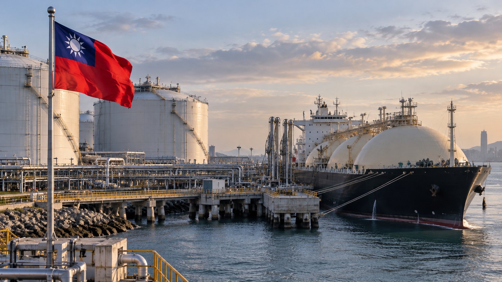 Ilustración editorial generada con IA: una terminal receptora de gas natural licuado en la costa de Taiwán, con grandes tanques blancos de almacenamiento, un buque metanero amarrado al muelle y la bandera de Taiwán en un mástil, con cielo de atardecer; composición conceptual, no es una fotografía de la terminal de CPC en Kaohsiung.