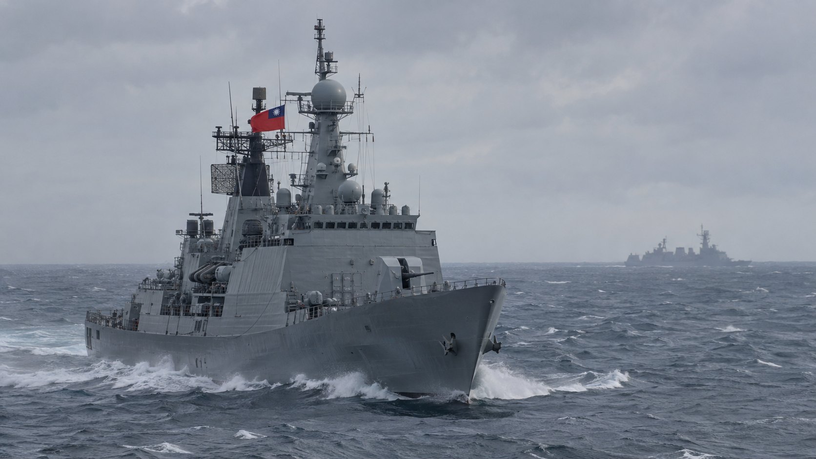Ilustración editorial generada con IA: un buque de guerra de la Armada de Taiwán navega en el estrecho con un buque chino recortado en el horizonte; composición conceptual, no es una fotografía de un hecho real.