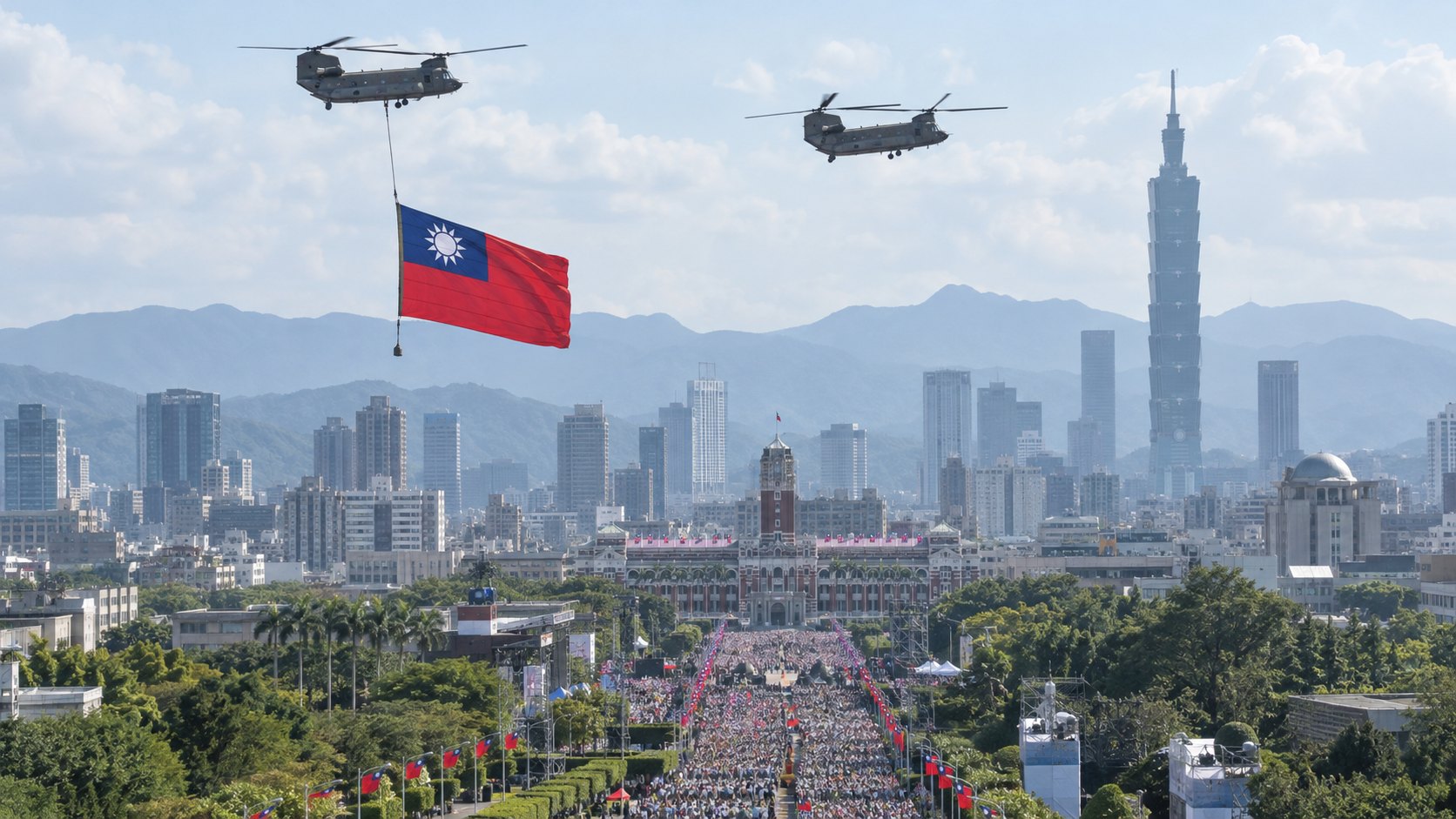 Ilustración editorial generada con IA: dos helicópteros Chinook llevan una bandera gigante de Taiwán sobre la celebración del Día Nacional en Taipéi; composición conceptual, no es una fotografía del desfile.