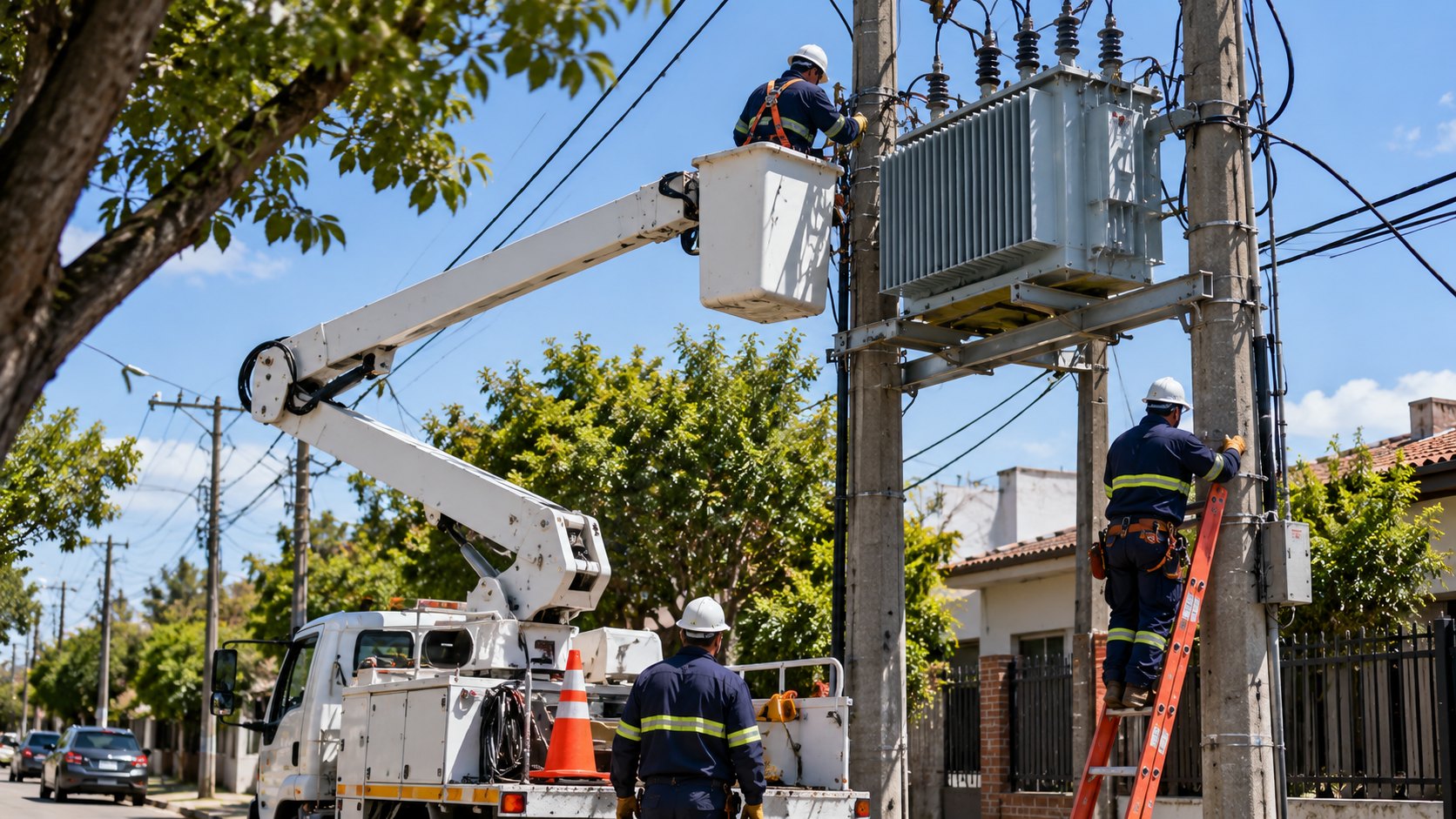 Ilustración editorial generada con IA: técnicos de una distribuidora eléctrica trabajan sobre un transformador montado en postes, con un camión hidroelevador, en una calle del Gran Buenos Aires; composición conceptual, no es una fotografía de una obra real.
