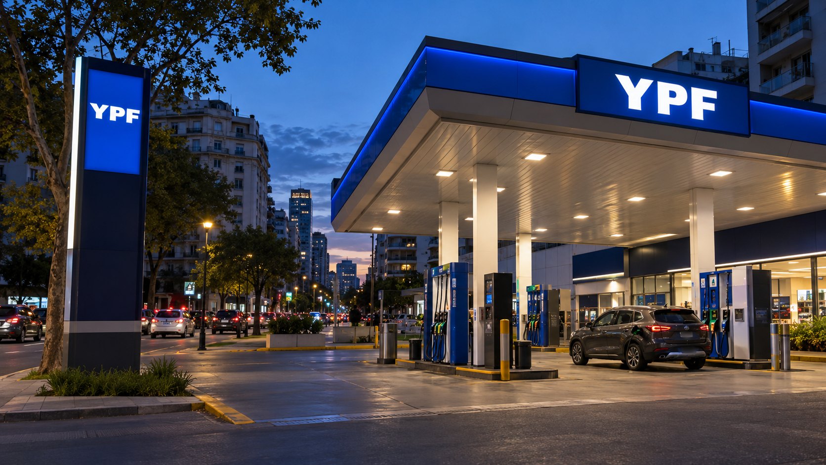 Ilustración editorial generada con IA: una estación de servicio YPF en una avenida de Buenos Aires a la hora azul, con surtidores iluminados y un auto cargando combustible; composición conceptual, no es una fotografía documental.