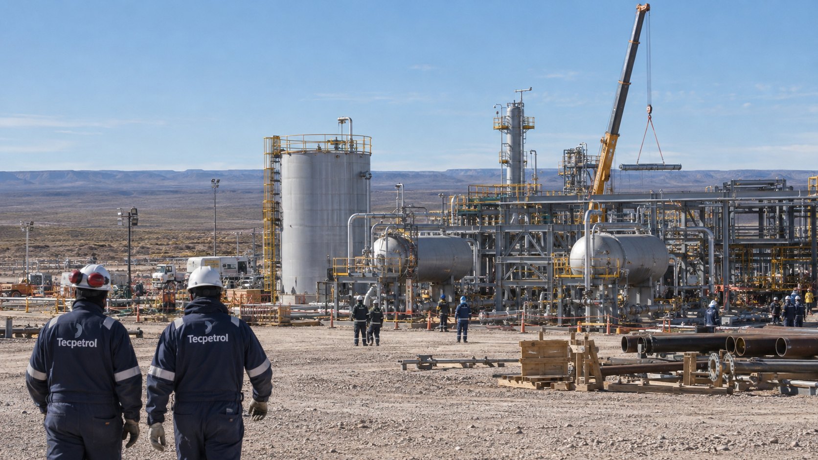 Ilustración editorial generada con IA: dos operarios de espaldas con ropa de trabajo de Tecpetrol frente a una planta de procesamiento de petróleo en construcción, con tanques, separadores y una grúa en la estepa de Neuquén; composición conceptual, no es una fotografía de la planta del proyecto.