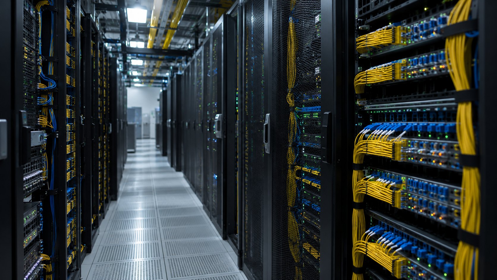 Ilustración editorial generada con IA: pasillo de un centro de datos con racks de red, paneles de fibra óptica y cables amarillos y azules ordenados, con luces de estado encendidas; composición conceptual, no es una fotografía de instalaciones de Telecentro ni de iPlan.