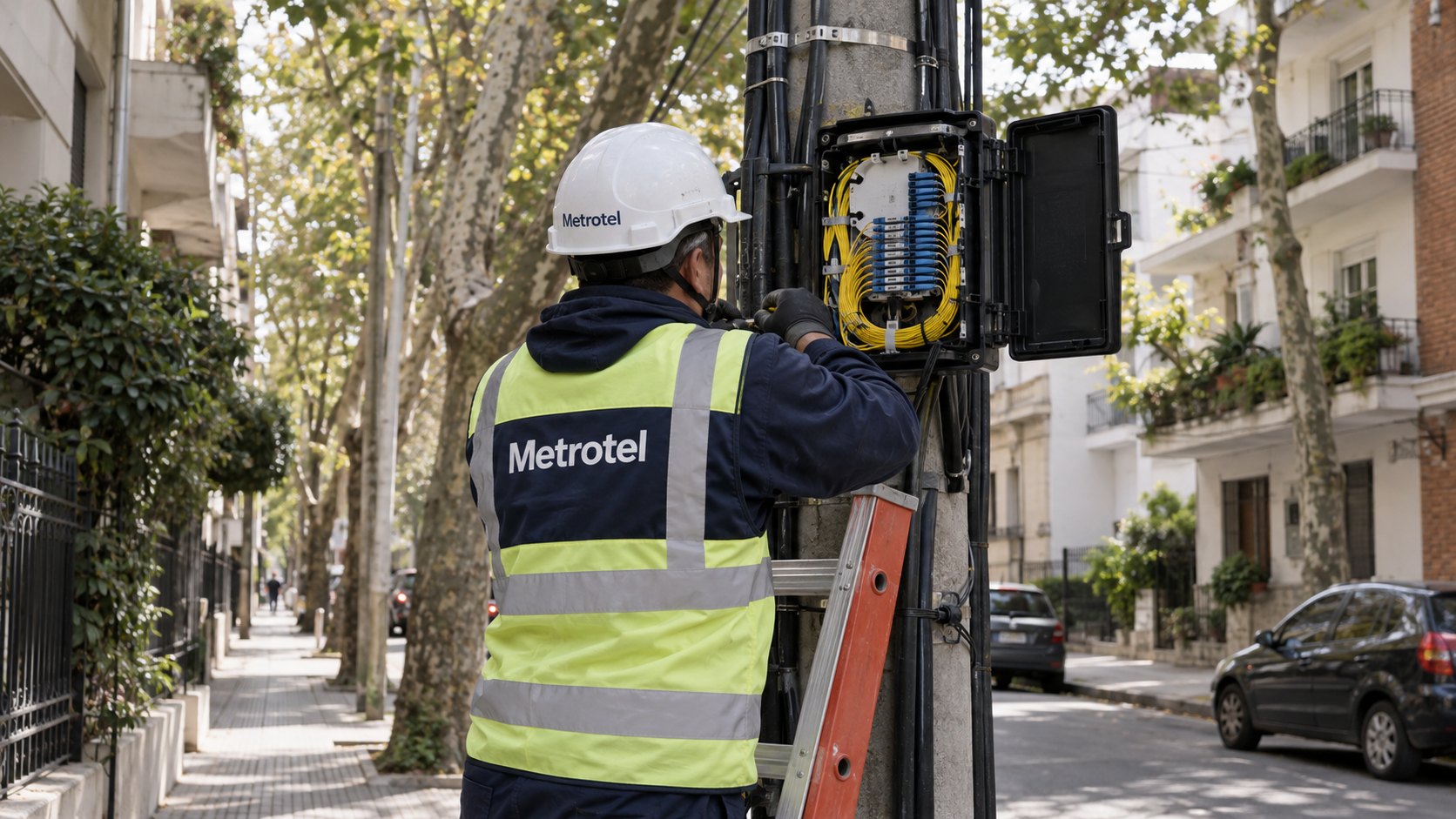 Ilustración editorial generada con IA: un técnico con chaleco y casco de Metrotel trabaja sobre una caja de empalme de fibra óptica en un poste de una calle residencial arbolada de Buenos Aires. Composición conceptual, no es una fotografía de la red real.