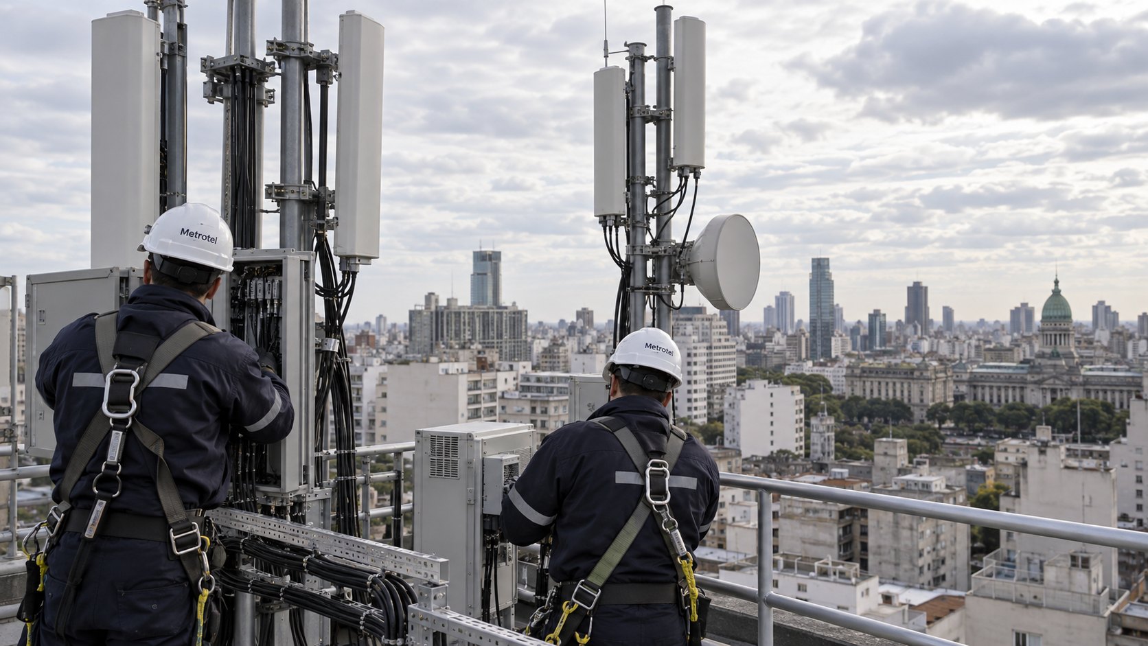 Ilustración editorial generada con IA: dos técnicos con arnés y cascos de Metrotel revisan antenas de telefonía celular y enlaces de microondas en la terraza de un edificio alto de Buenos Aires, con el Congreso y el horizonte porteño al fondo. Composición conceptual, no es una fotografía de una instalación real.