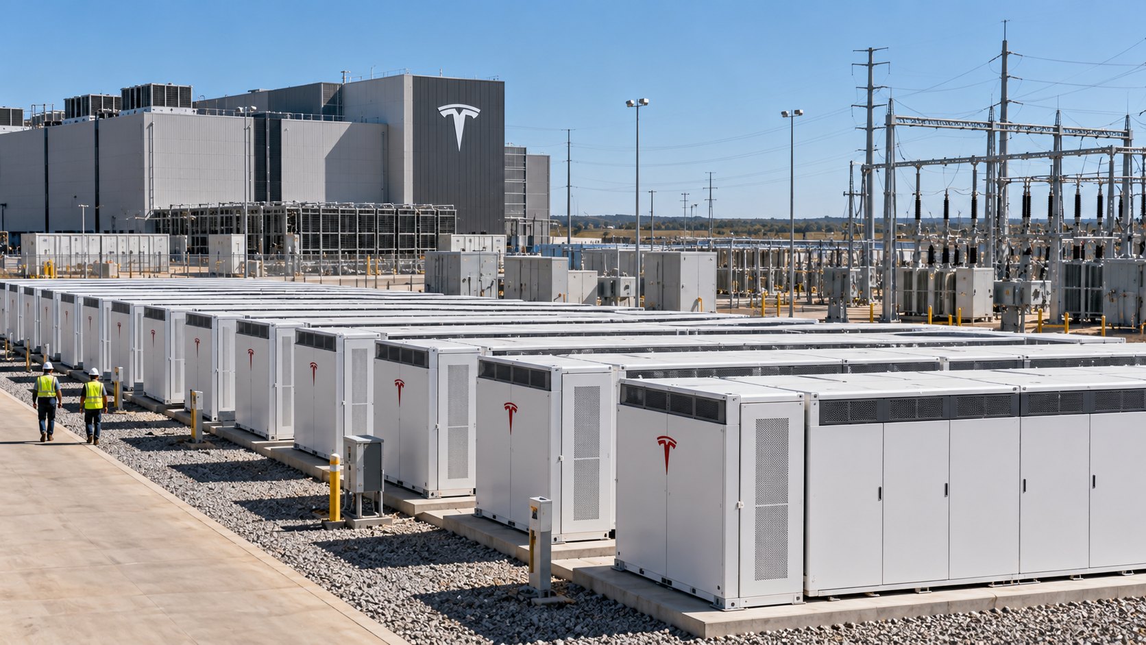 Ilustración editorial generada con IA: hileras de baterías Tesla Megapack blancas con el logo de Tesla junto a un edificio industrial y una subestación eléctrica en Texas, con técnicos caminando; composición conceptual, no es una fotografía de una instalación real.