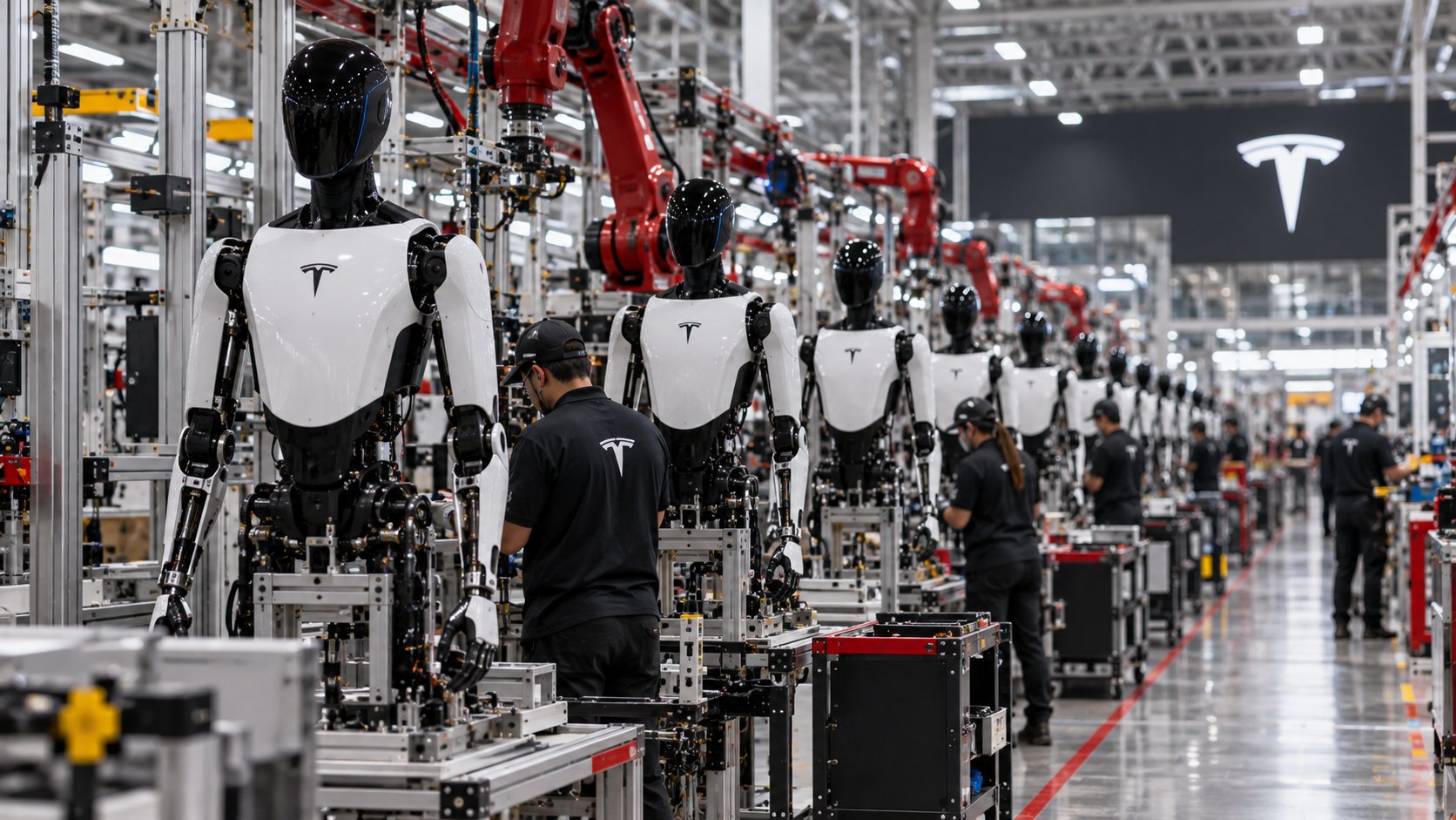 Ilustración editorial generada con IA: robots humanoides Tesla Optimus en una línea de ensamblaje de una fábrica, con brazos robóticos industriales y operarios con equipo de seguridad; composición conceptual, no es una fotografía de la planta de Fremont.