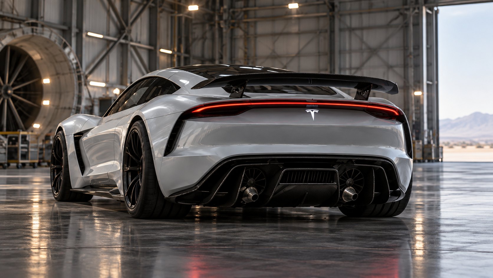 Ilustración editorial generada con IA: vista trasera de un Tesla Roadster blanco con alerón activo y difusor con ventiladores y toberas a la vista, en un hangar de pruebas; imagen representativa, no es una fotografía oficial del modelo.
