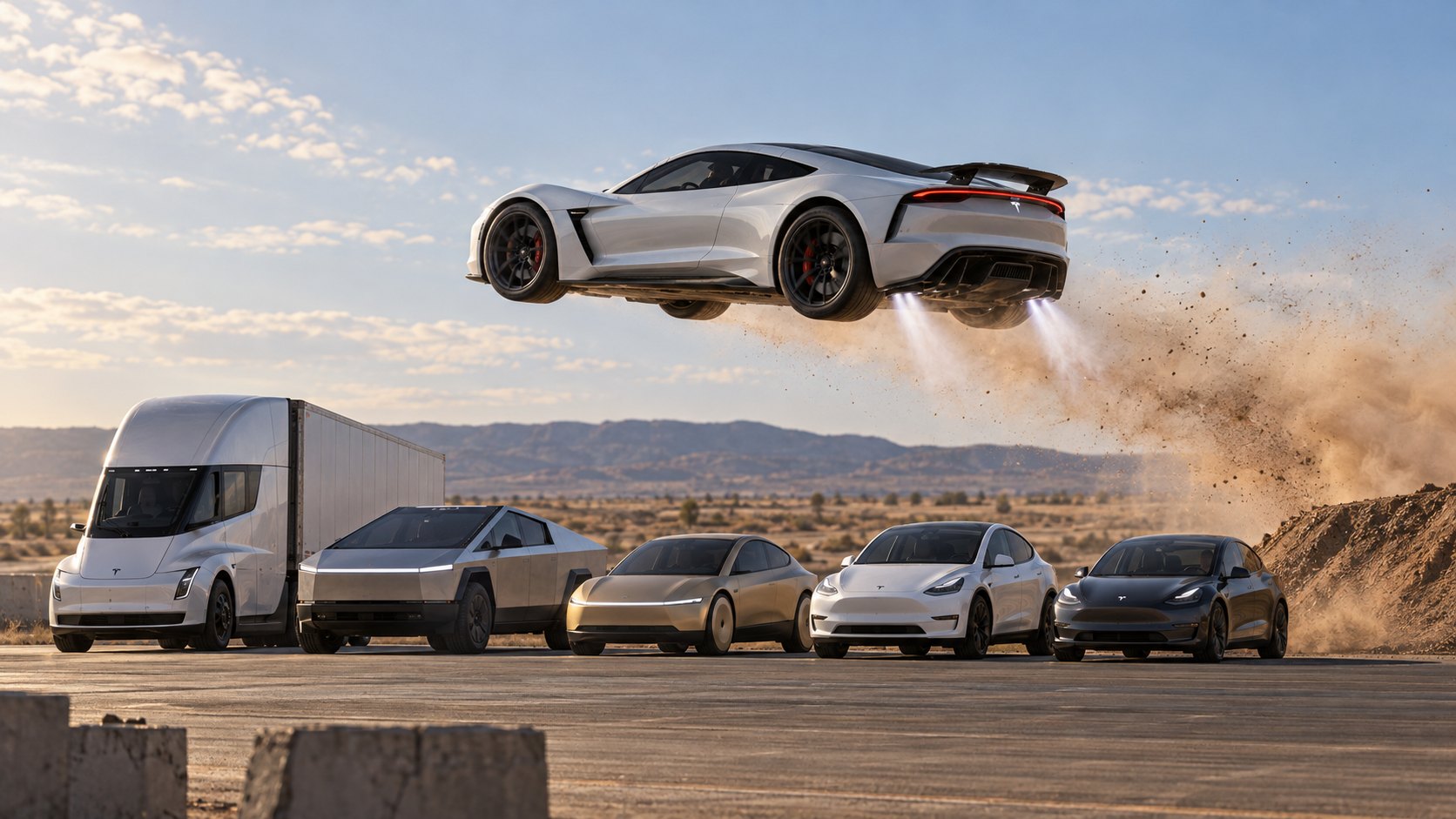 Ilustración editorial generada con IA: un Tesla Roadster blanco en pleno salto, con chorros de aire de sus propulsores, junto a una fila de vehículos de Tesla —un camión Semi, una Cybertruck, un Cybercab, un Model Y y un Model 3— en un predio de pruebas; recreación conceptual de la demostración, no es una fotografía del hecho.