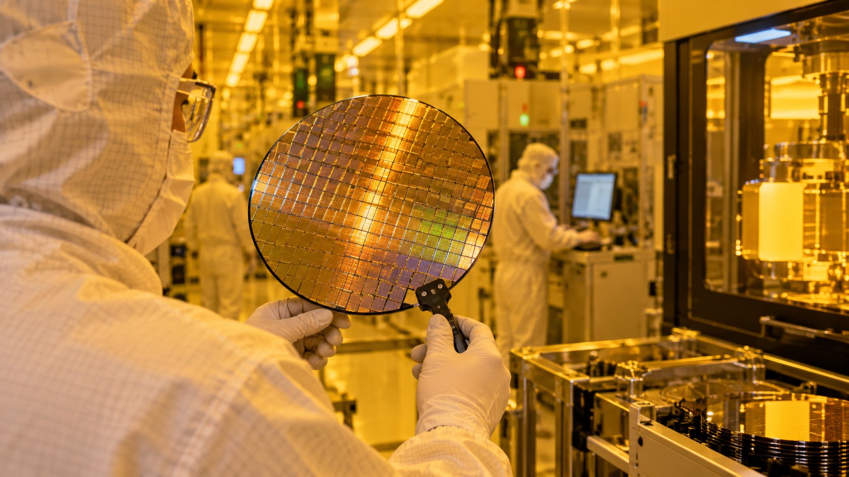 Ilustración editorial generada con IA: en una sala limpia de una fábrica de semiconductores iluminada con luz ámbar, un técnico con traje blanco sostiene una oblea de silicio con patrones de chips mientras otros operarios trabajan al fondo; composición conceptual, no es una fotografía de una planta real.