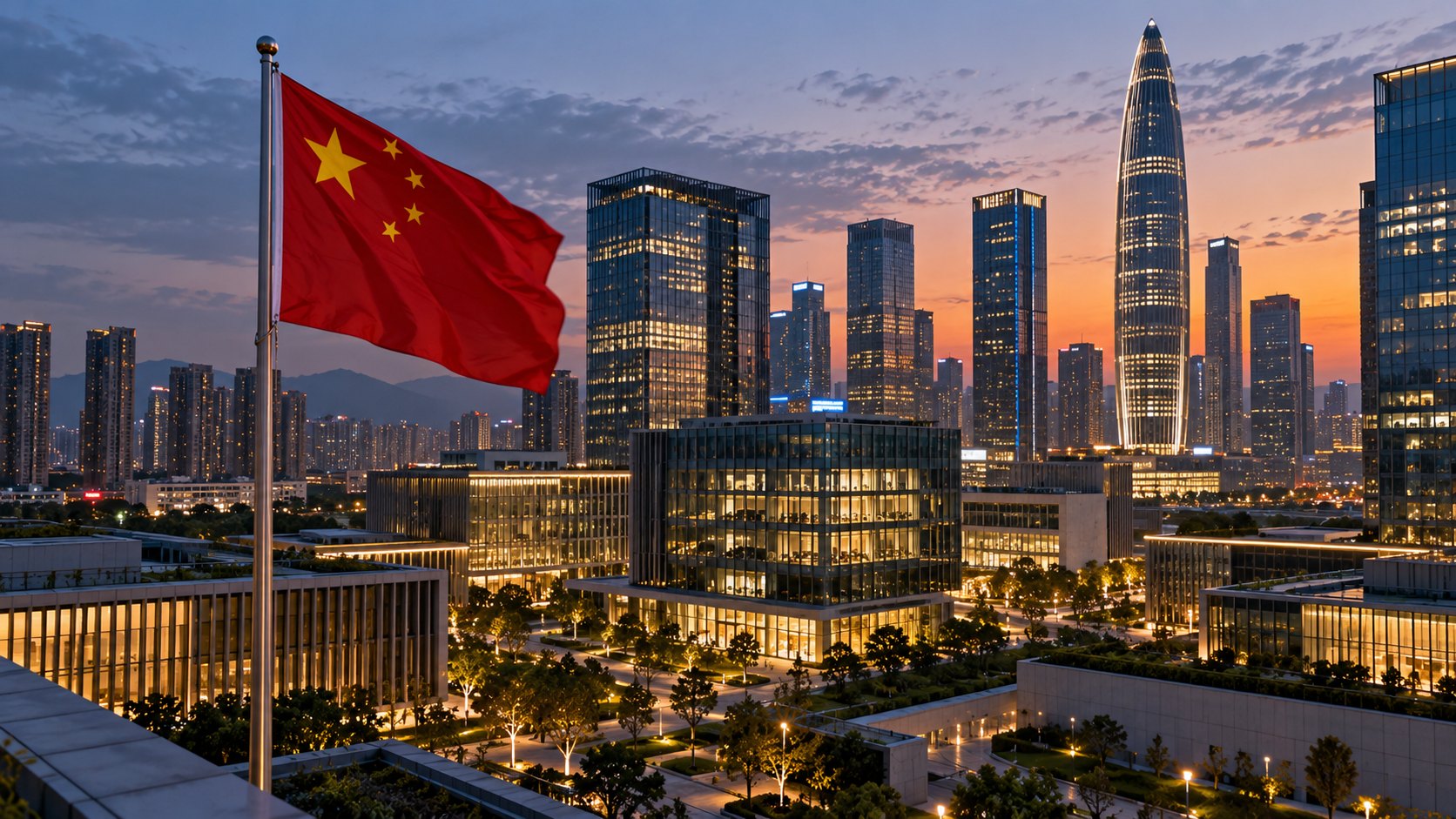 Ilustración editorial generada con IA: un parque tecnológico de Shenzhen, China, al anochecer, con torres de oficinas de vidrio iluminadas y una bandera de la República Popular China en primer plano; composición conceptual, no es una fotografía de un lugar ni de empresas reales.