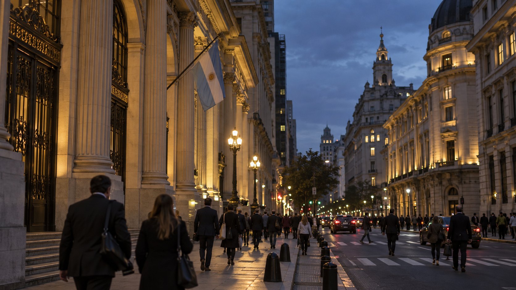 Ilustración editorial generada con IA: una calle del microcentro porteño con edificios de bancos al anochecer; no es una fotografía documental.