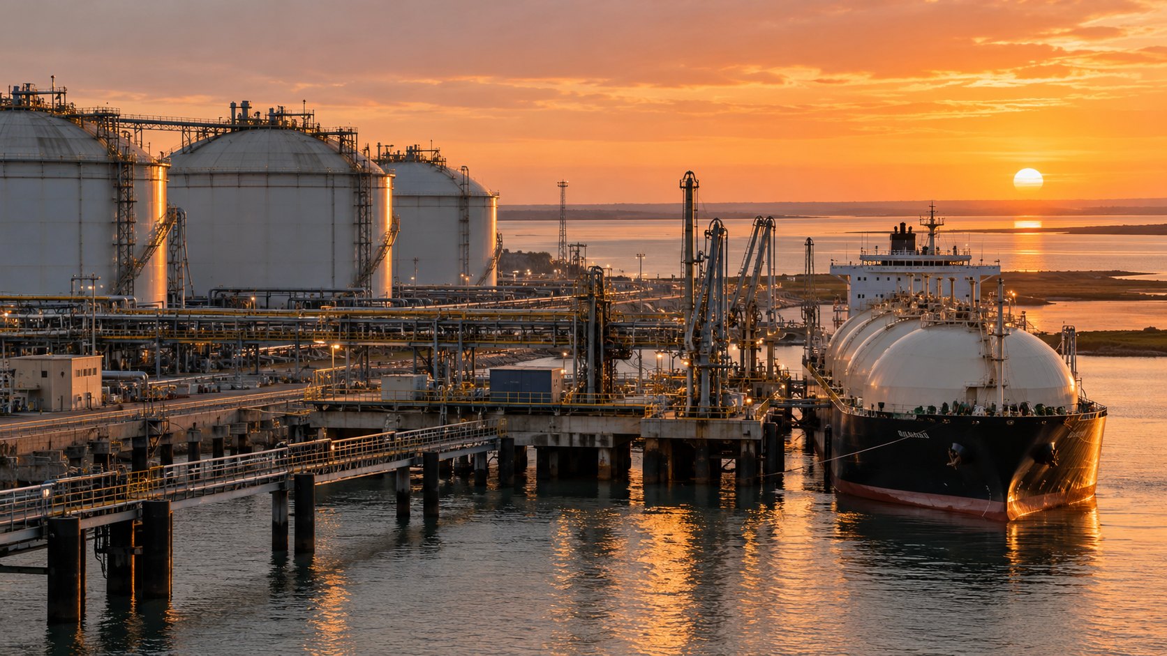 Ilustración editorial generada con IA: una terminal portuaria con tanques de almacenamiento de gas licuado y un buque gasero amarrado en la ría de Bahía Blanca; composición conceptual, no es una fotografía de Puerto Galván.